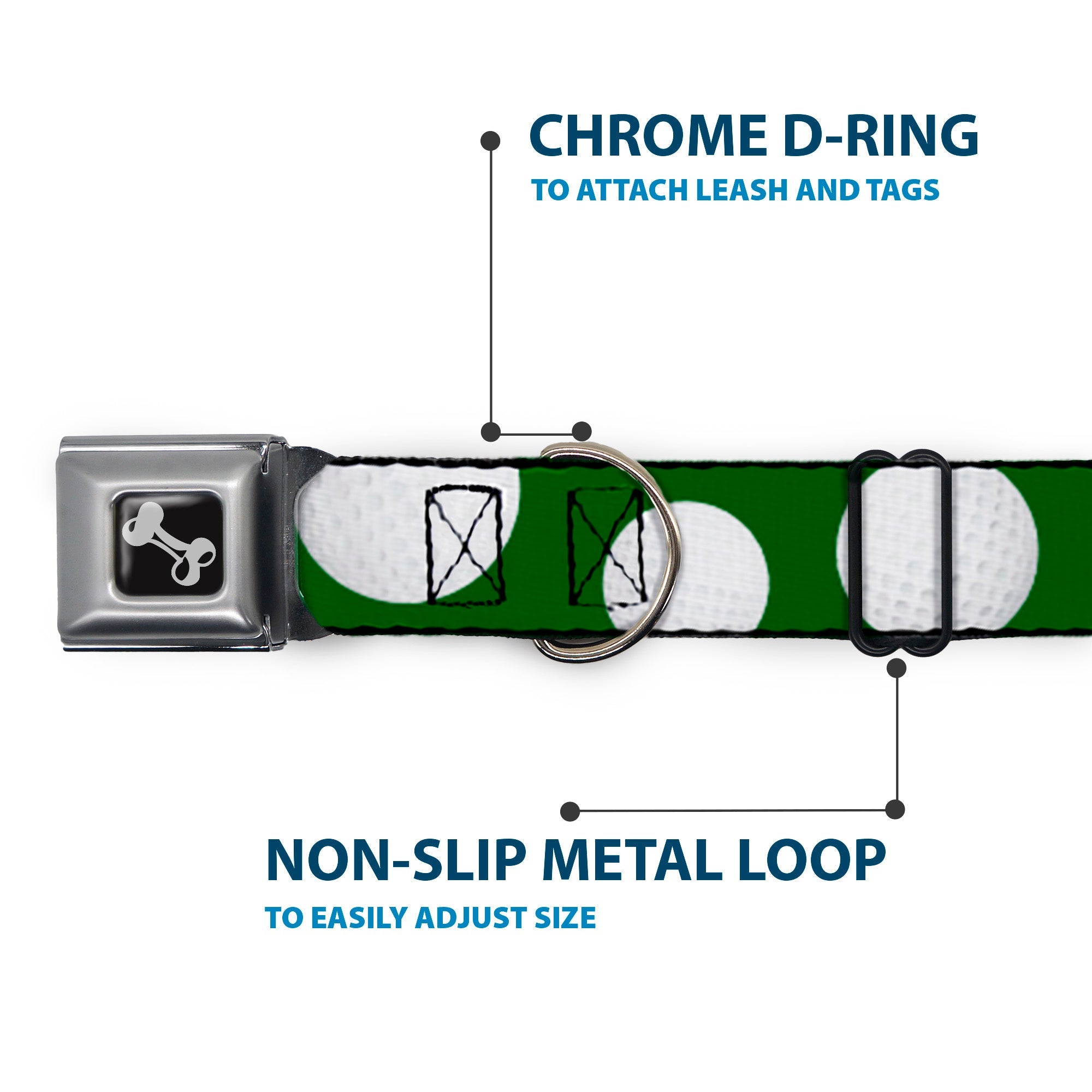 Dog Bone Black/Silver Seatbelt Buckle Collar - Golf Balls Scattered Green/White