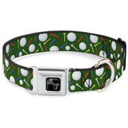 Dog Bone Black/Silver Seatbelt Buckle Collar - Golf Balls/Tees Scattered Green/Multi Color