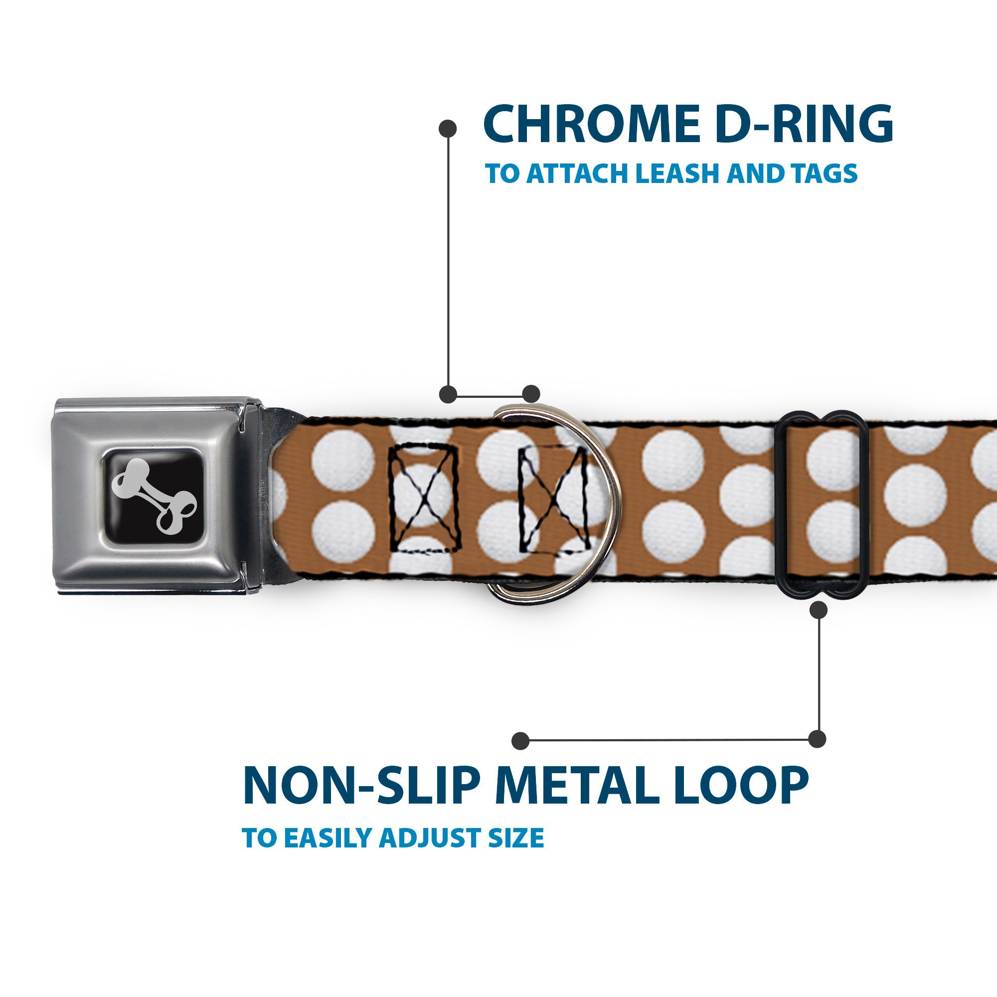 Dog Bone Black/Silver Seatbelt Buckle Collar - Golf Balls Tan/White