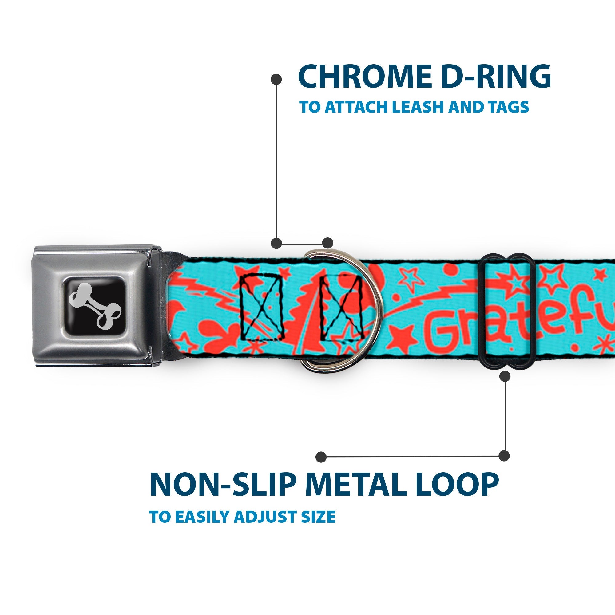 Dog Bone Black/Silver Seatbelt Buckle Collar - GRATEFUL OPTIMISM BE KIND Icons Collage Blue/Red