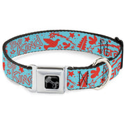 Dog Bone Black/Silver Seatbelt Buckle Collar - GRATEFUL OPTIMISM BE KIND Icons Collage Blue/Red