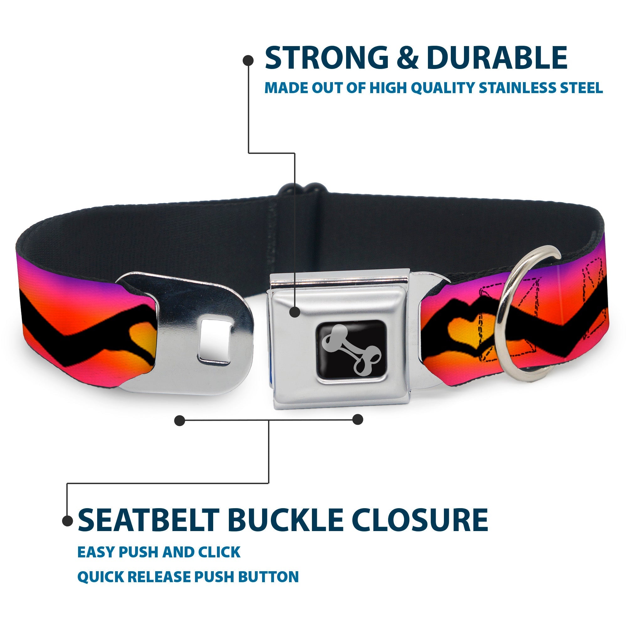 Dog Bone Seatbelt Buckle Collar - Hand Heart Silhouette Ombre Purples/Orange/Pinks
