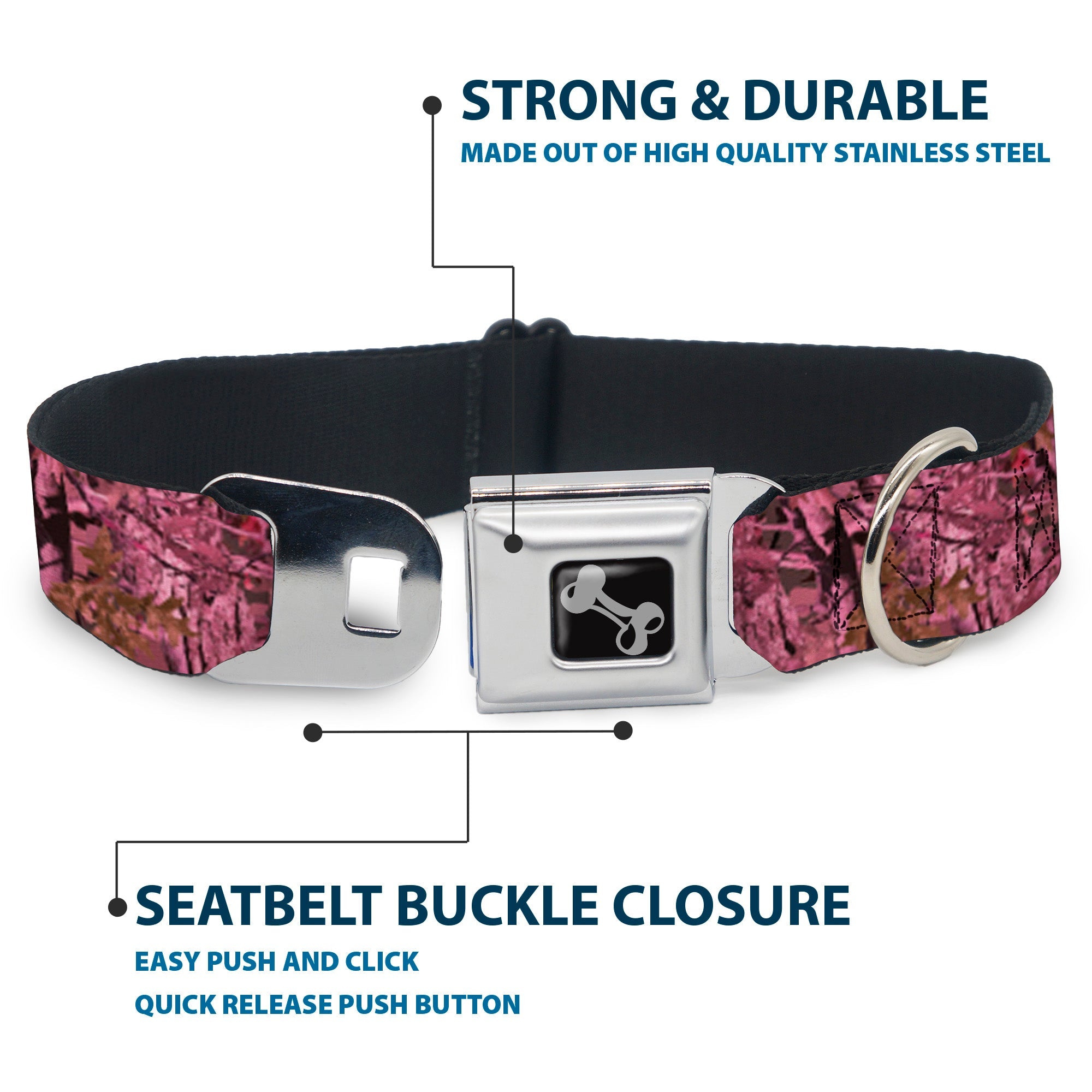 Dog Bone Seatbelt Buckle Collar - Hunting Camo Pinks