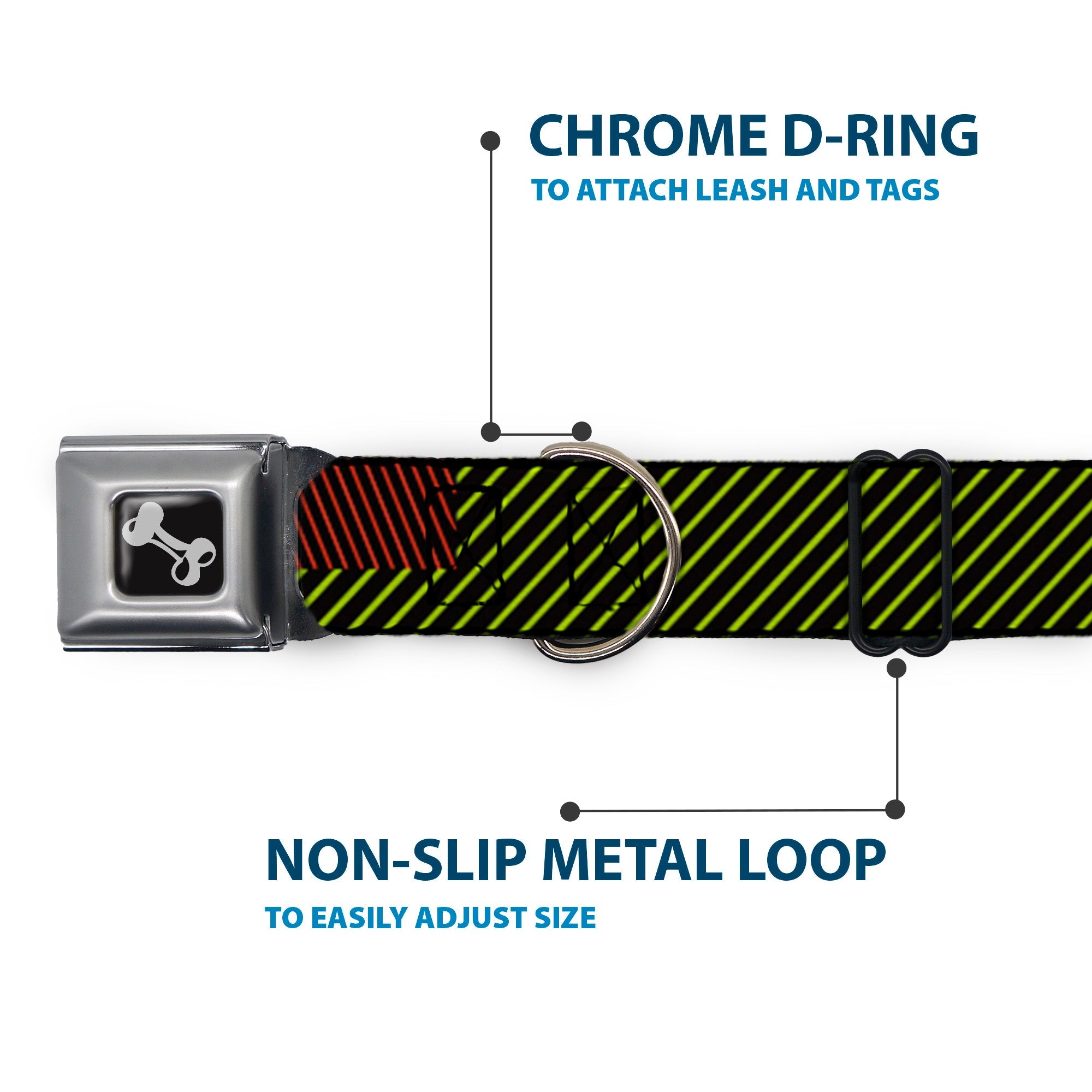 Dog Bone Seatbelt Buckle Collar - Hash Mark Stripe Black/Multi Color