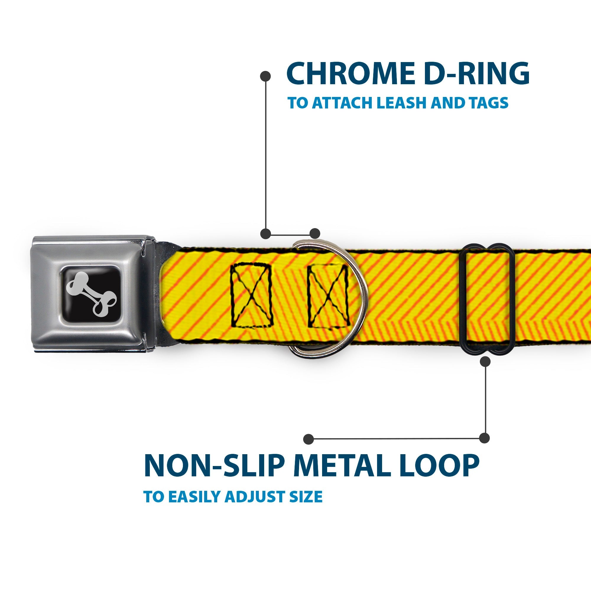 Dog Bone Seatbelt Buckle Collar - Hash Mark Stripe Yellow/Red