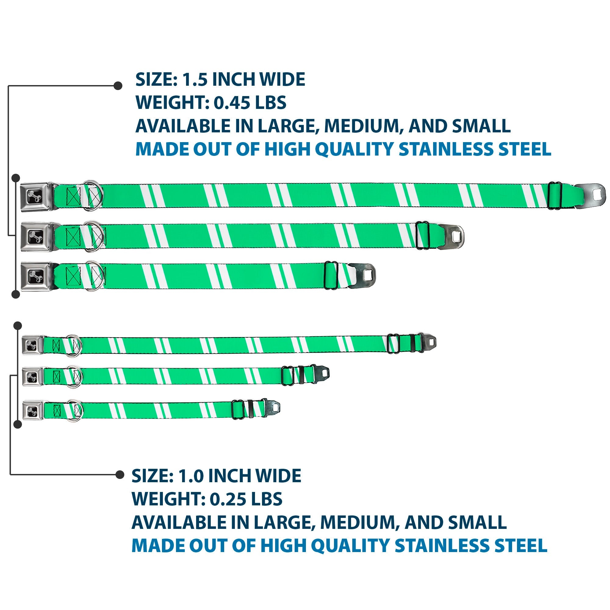 Dog Bone Seatbelt Buckle Collar - Hash Mark Stripe Double Green/Silver