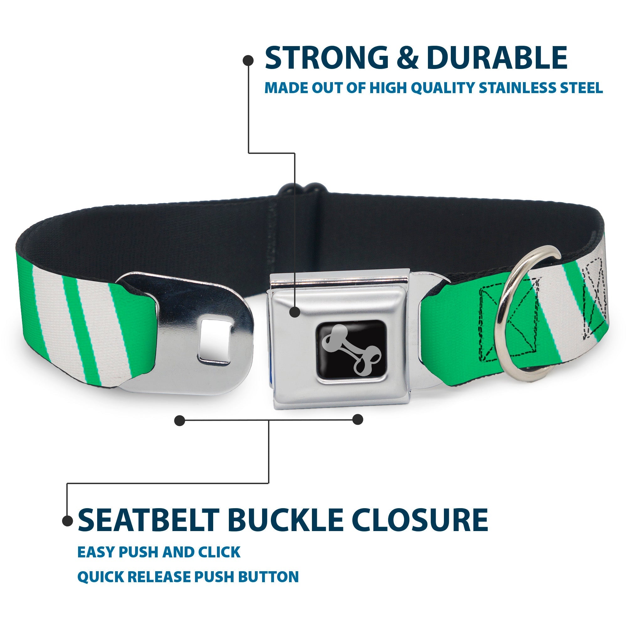 Dog Bone Seatbelt Buckle Collar - Hash Mark Stripe Double Green/Silver