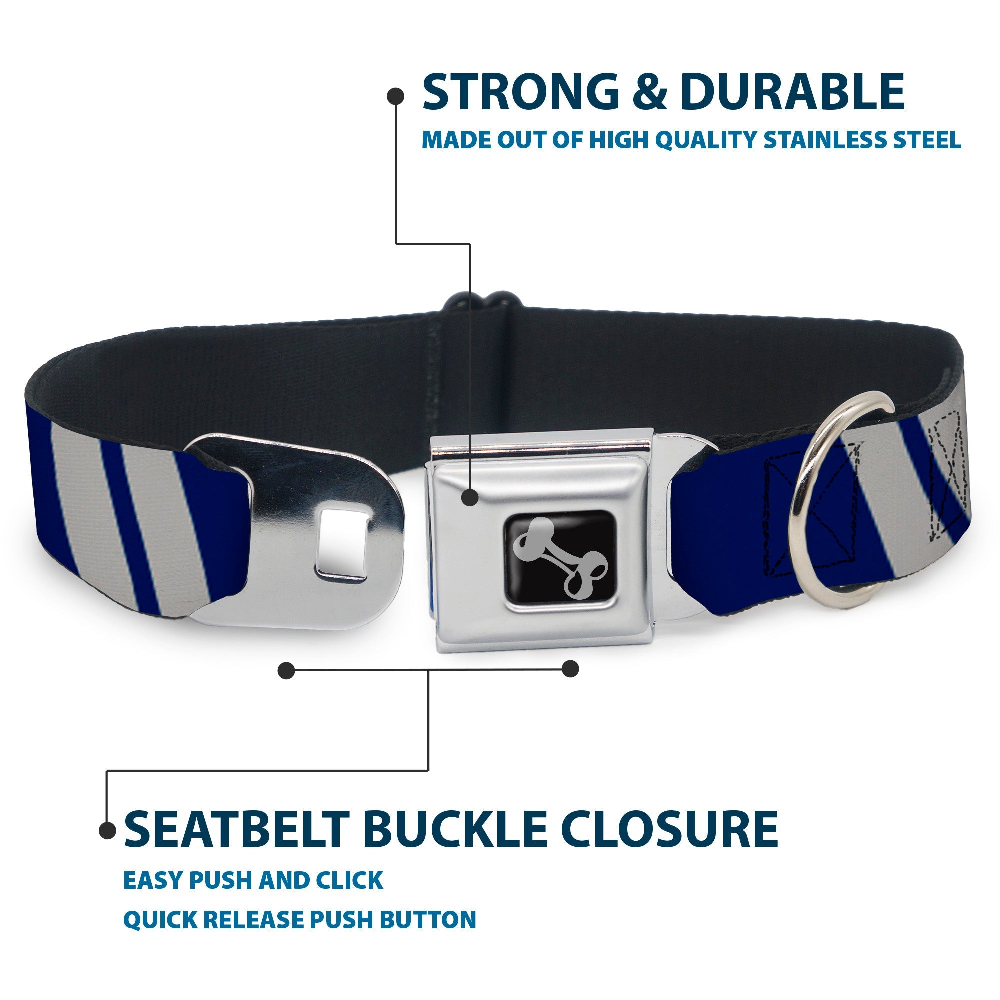 Dog Bone Seatbelt Buckle Collar - Hash Mark Stripe Double Navy/Silver