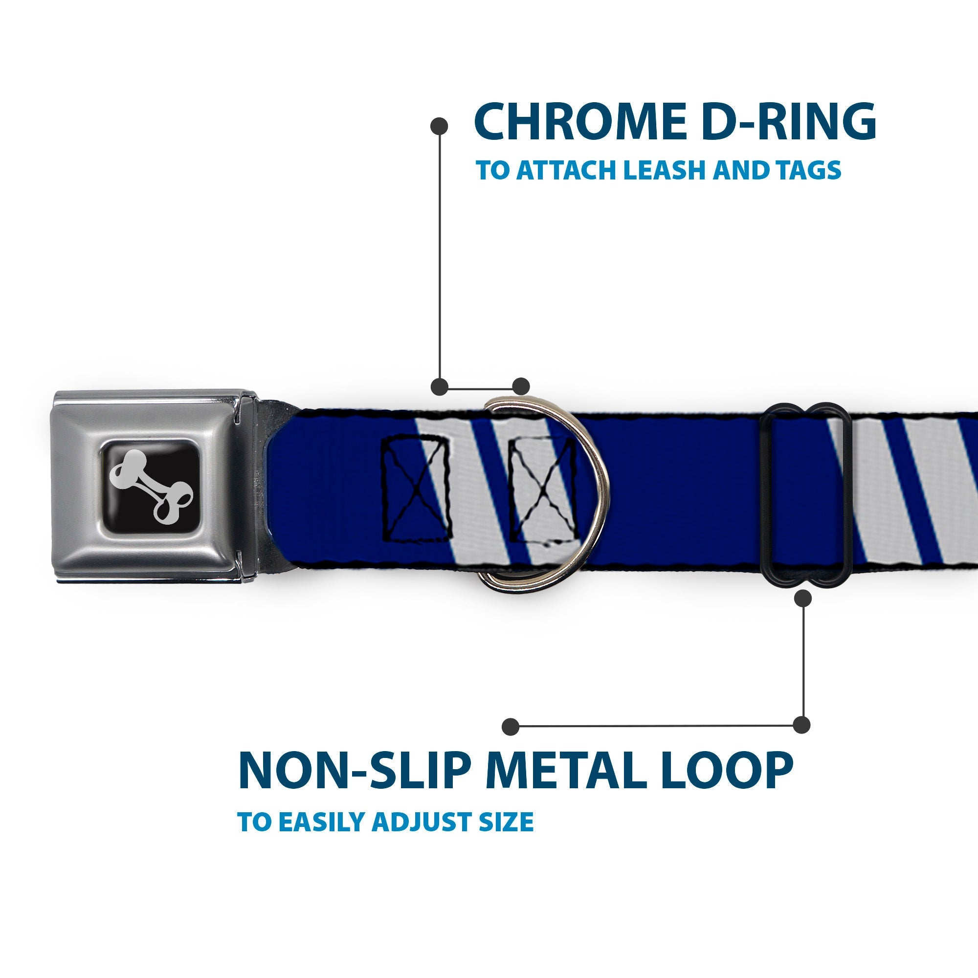 Dog Bone Seatbelt Buckle Collar - Hash Mark Stripe Double Navy/Silver