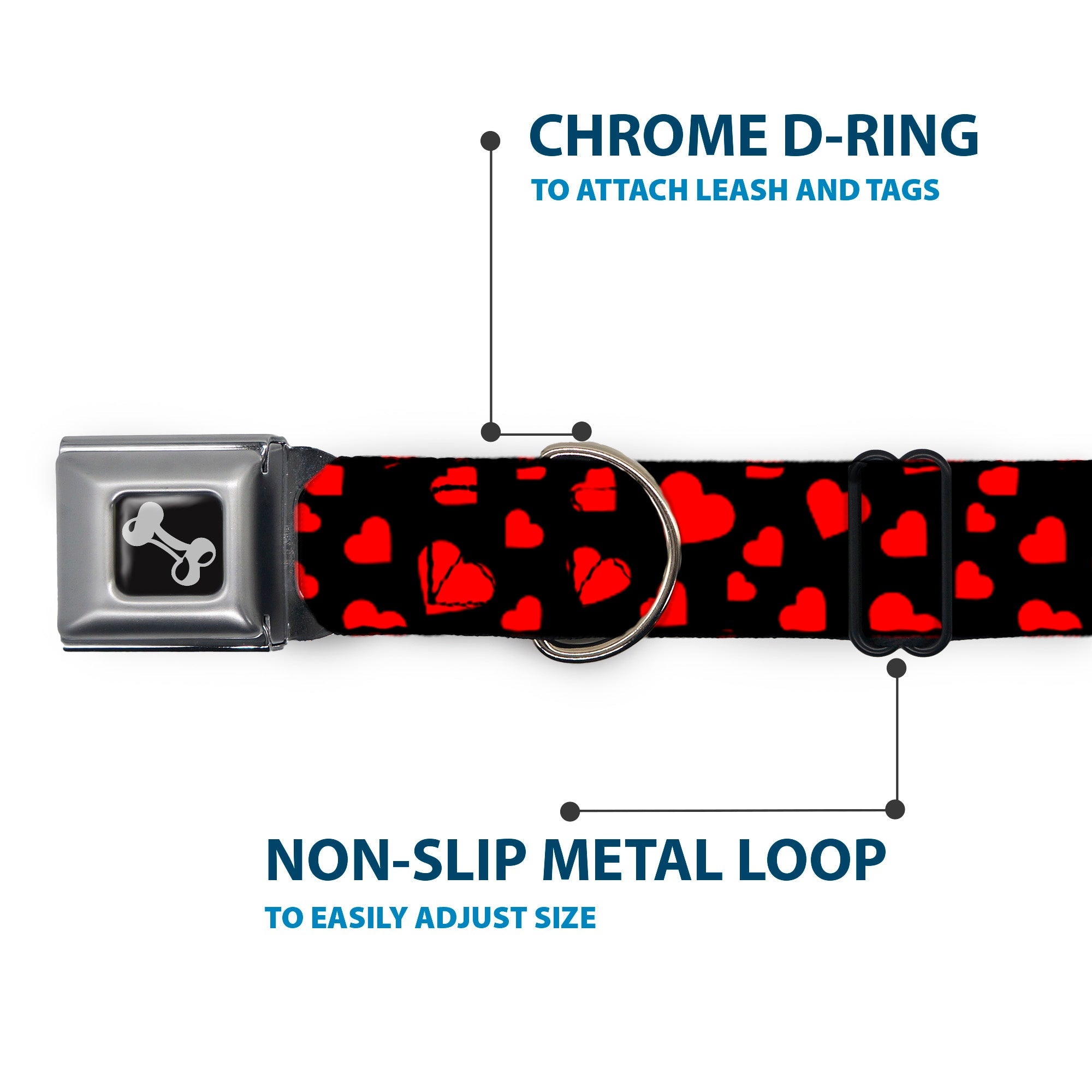 Dog Bone Seatbelt Buckle Collar - Hearts Scattered Black/Red