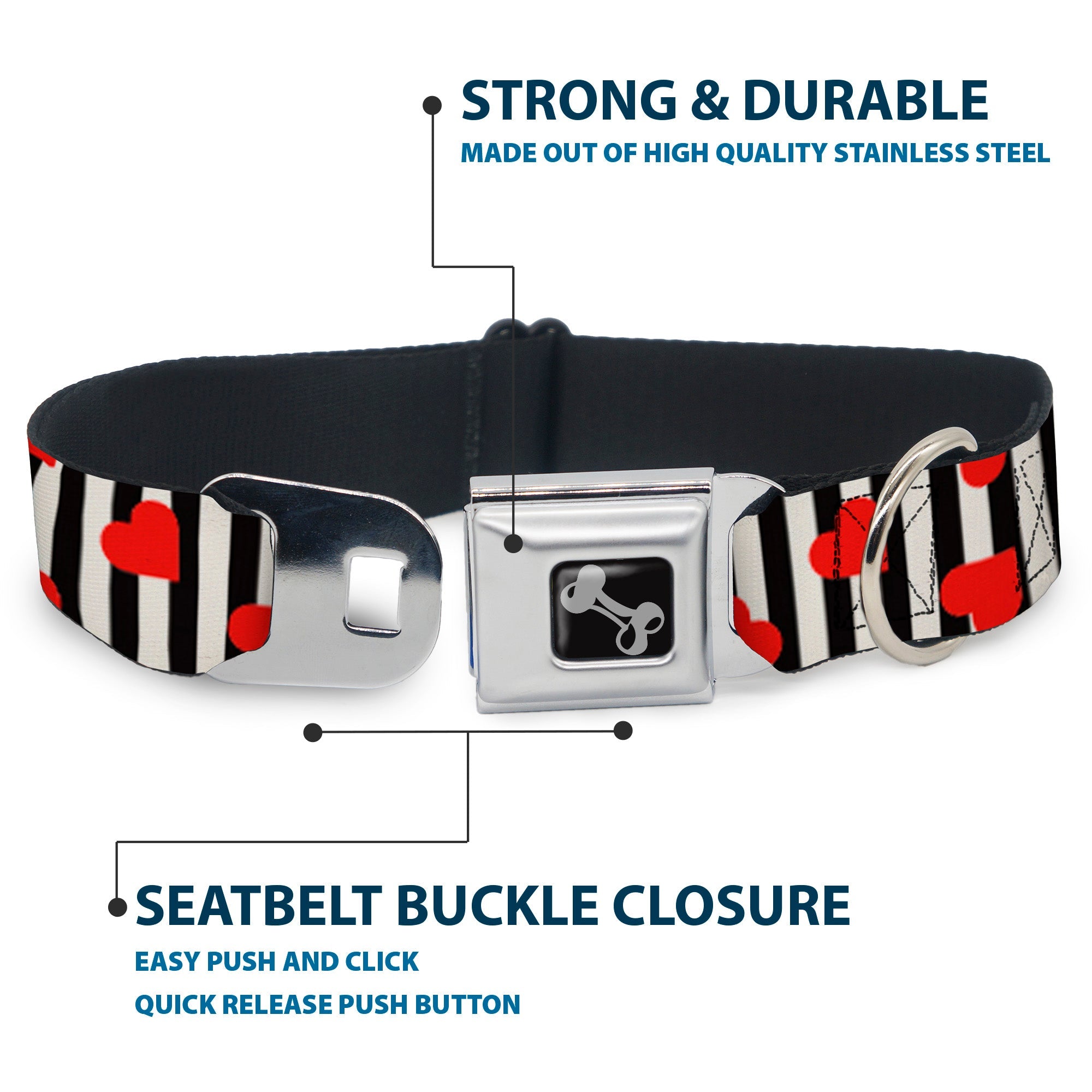Dog Bone Seatbelt Buckle Collar - Hearts Scattered/Stripe White/Black/Red