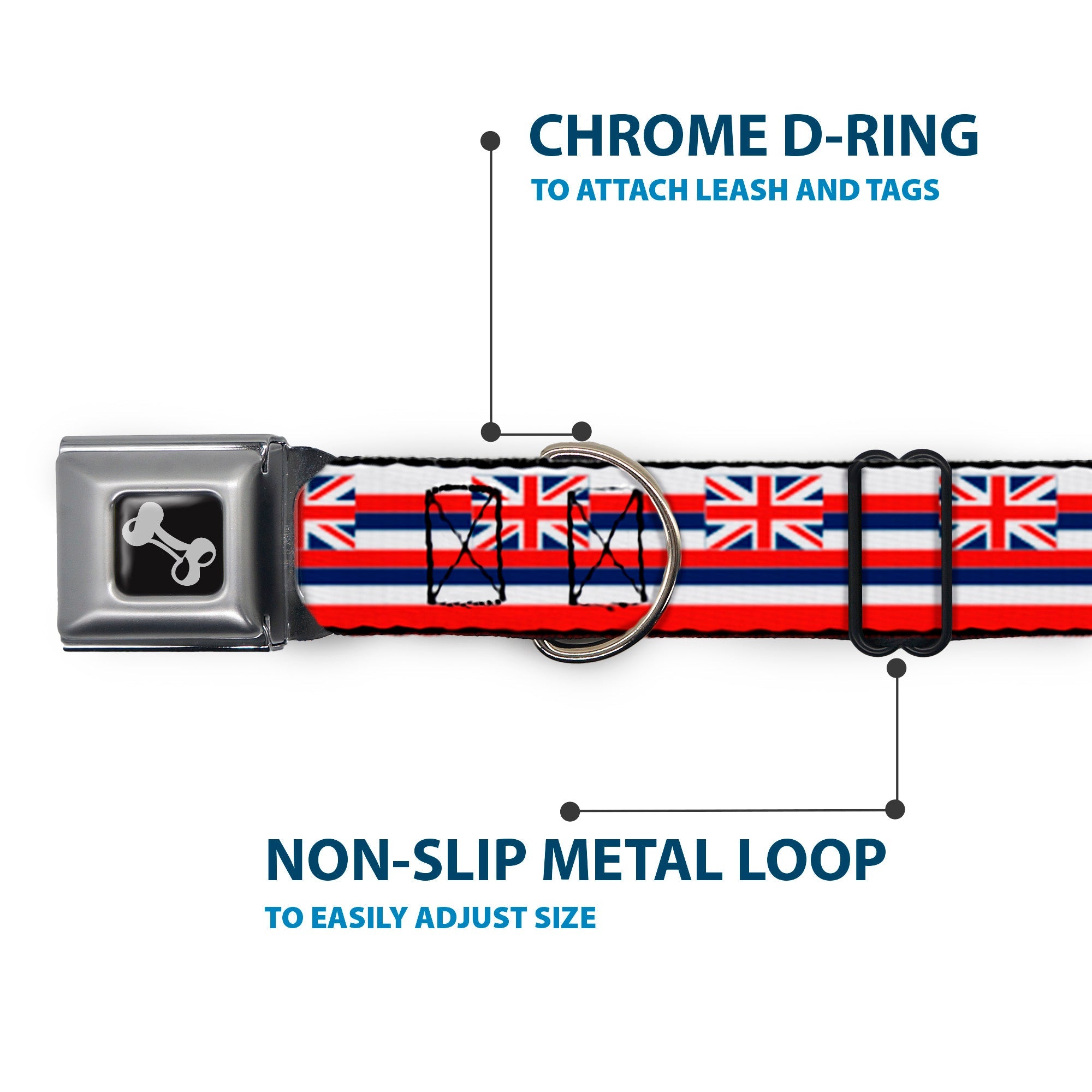 Dog Bone Black/Silver Seatbelt Buckle Collar - Hawaii Flag Continuous Repeat