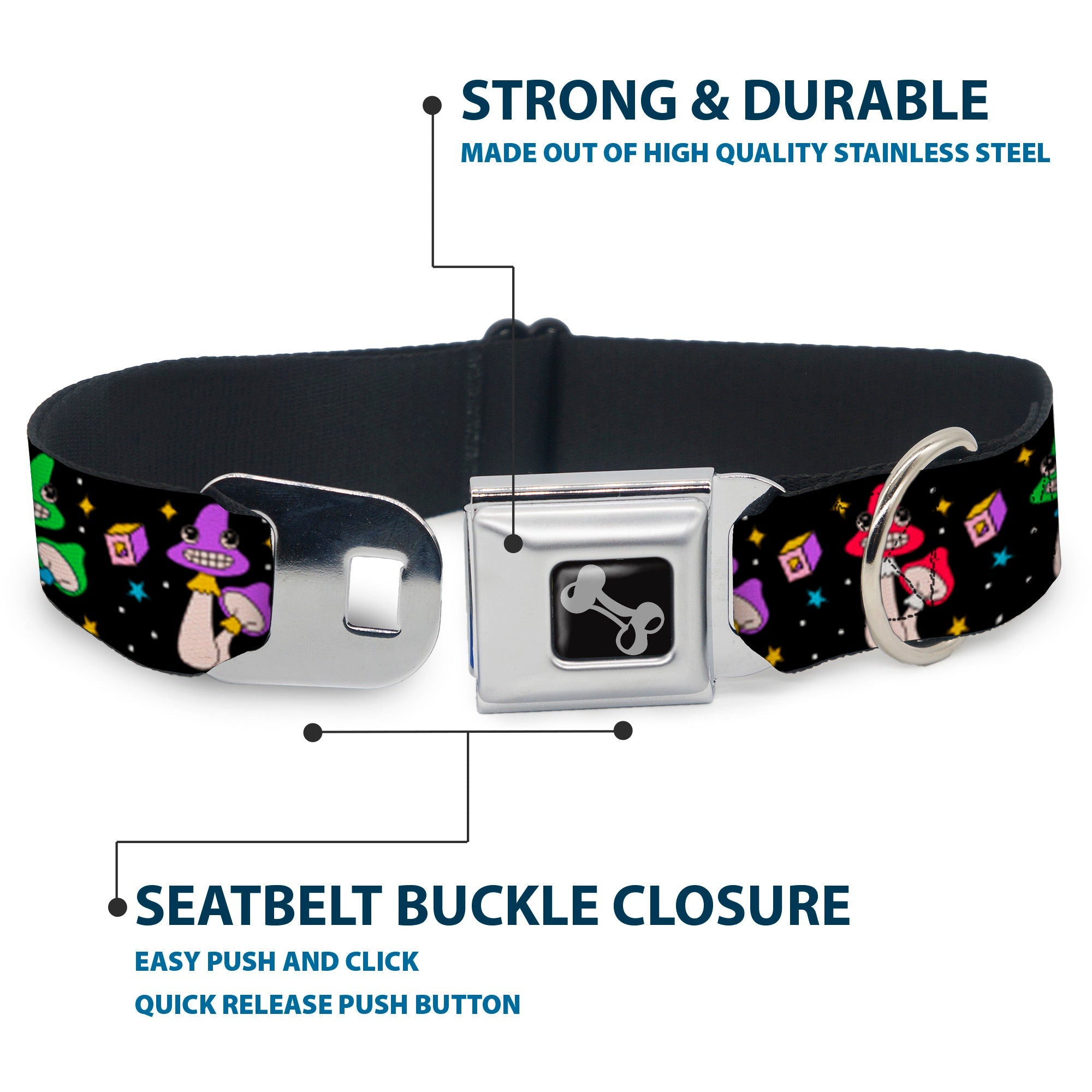 Dog Bone Black/Silver Seatbelt Buckle Collar - Happy Mushrooms with Stars Black/Multi Color