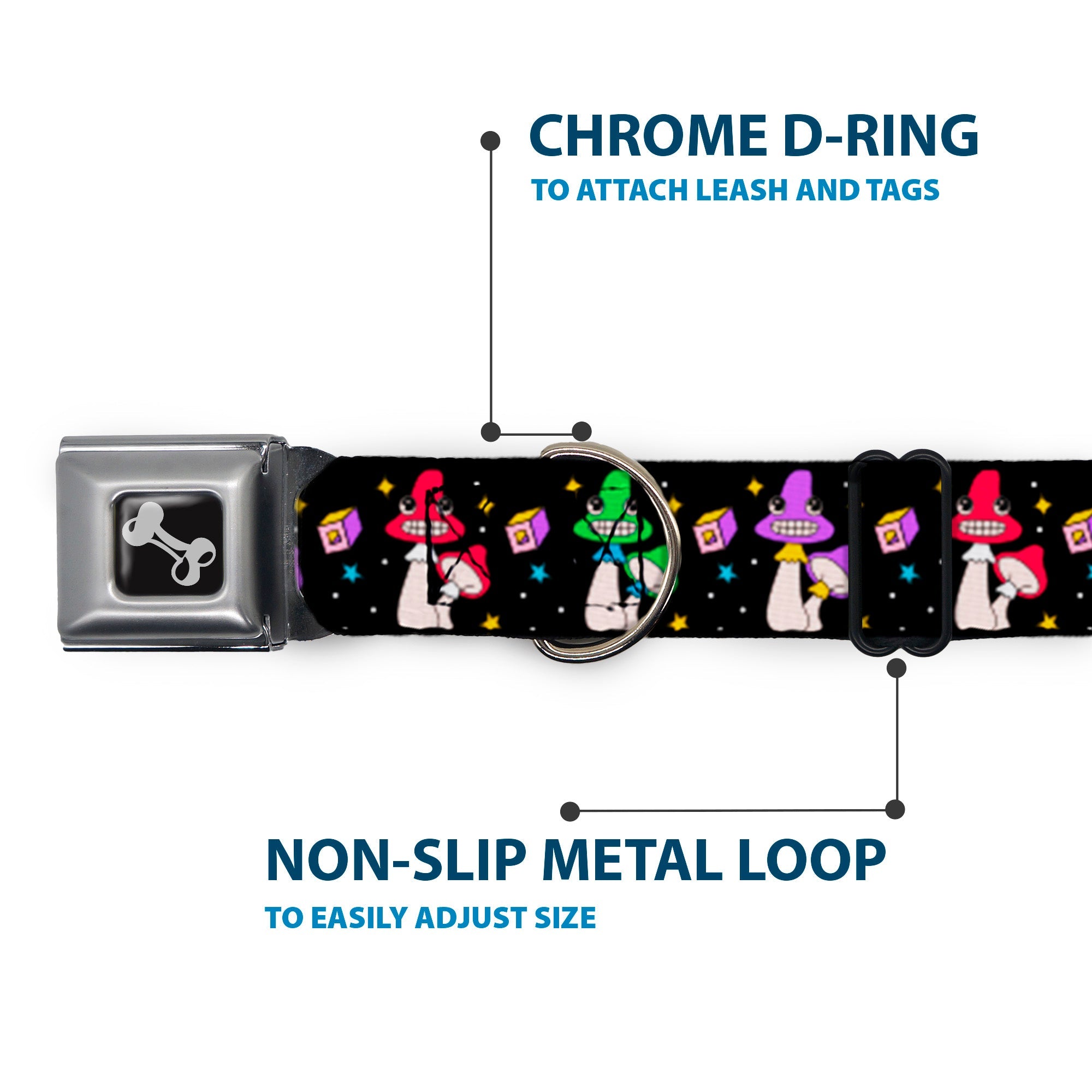 Dog Bone Black/Silver Seatbelt Buckle Collar - Happy Mushrooms with Stars Black/Multi Color