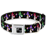 Dog Bone Black/Silver Seatbelt Buckle Collar - Happy Mushrooms with Stars Black/Multi Color