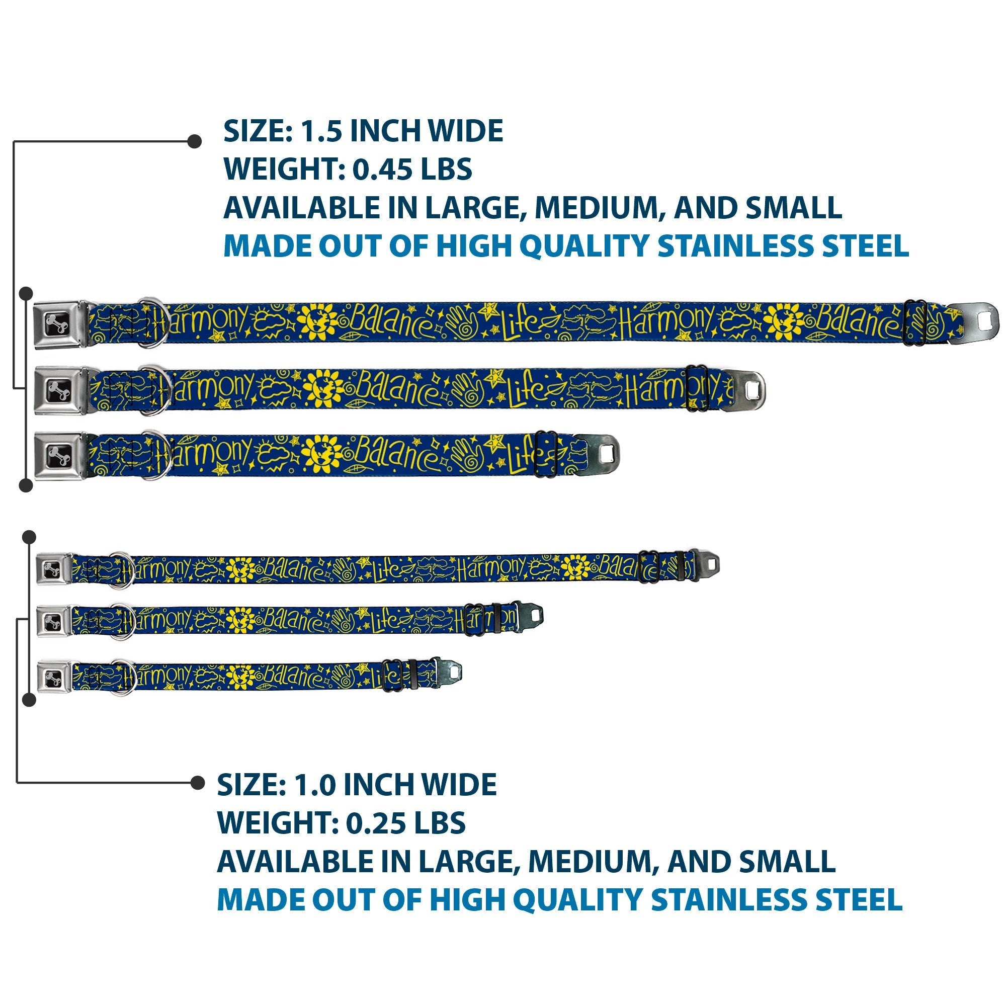 Dog Bone Black/Silver Seatbelt Buckle Collar - HARMONY BALANCE LIFE Icons Collage Blue/Yellow