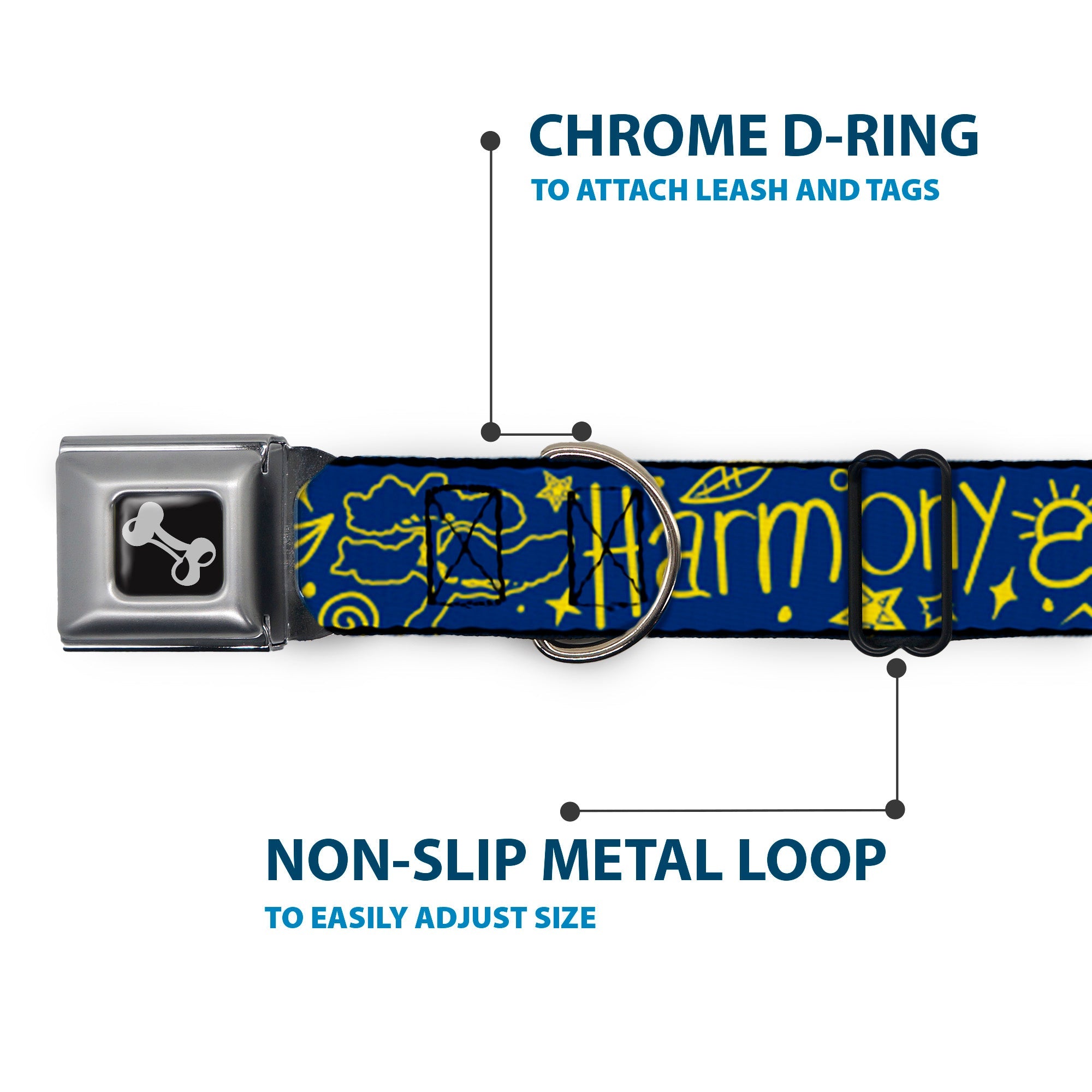 Dog Bone Black/Silver Seatbelt Buckle Collar - HARMONY BALANCE LIFE Icons Collage Blue/Yellow