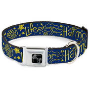 Dog Bone Black/Silver Seatbelt Buckle Collar - HARMONY BALANCE LIFE Icons Collage Blue/Yellow