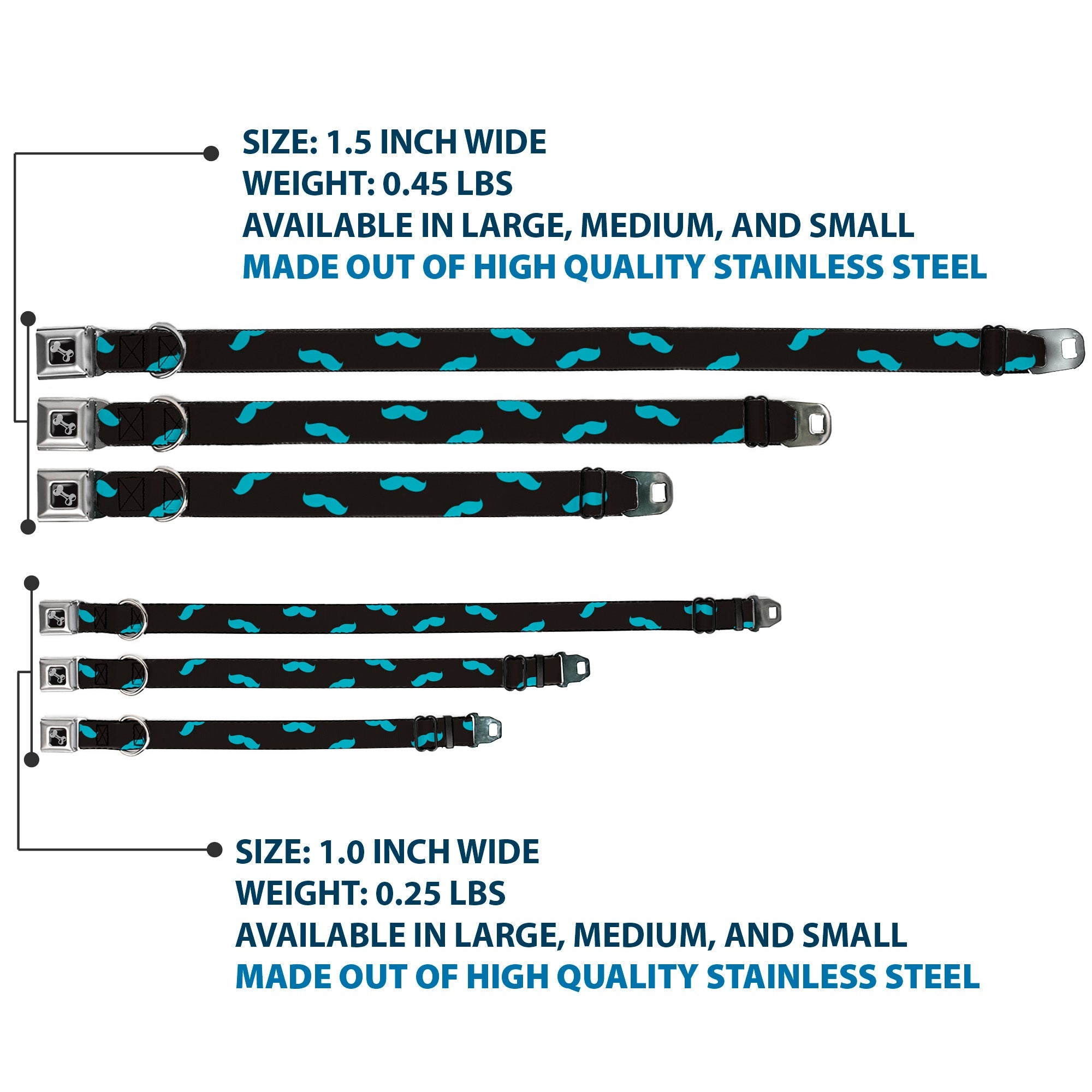 Dog Bone Seatbelt Buckle Collar - Mustaches Scattered Black/Turquoise