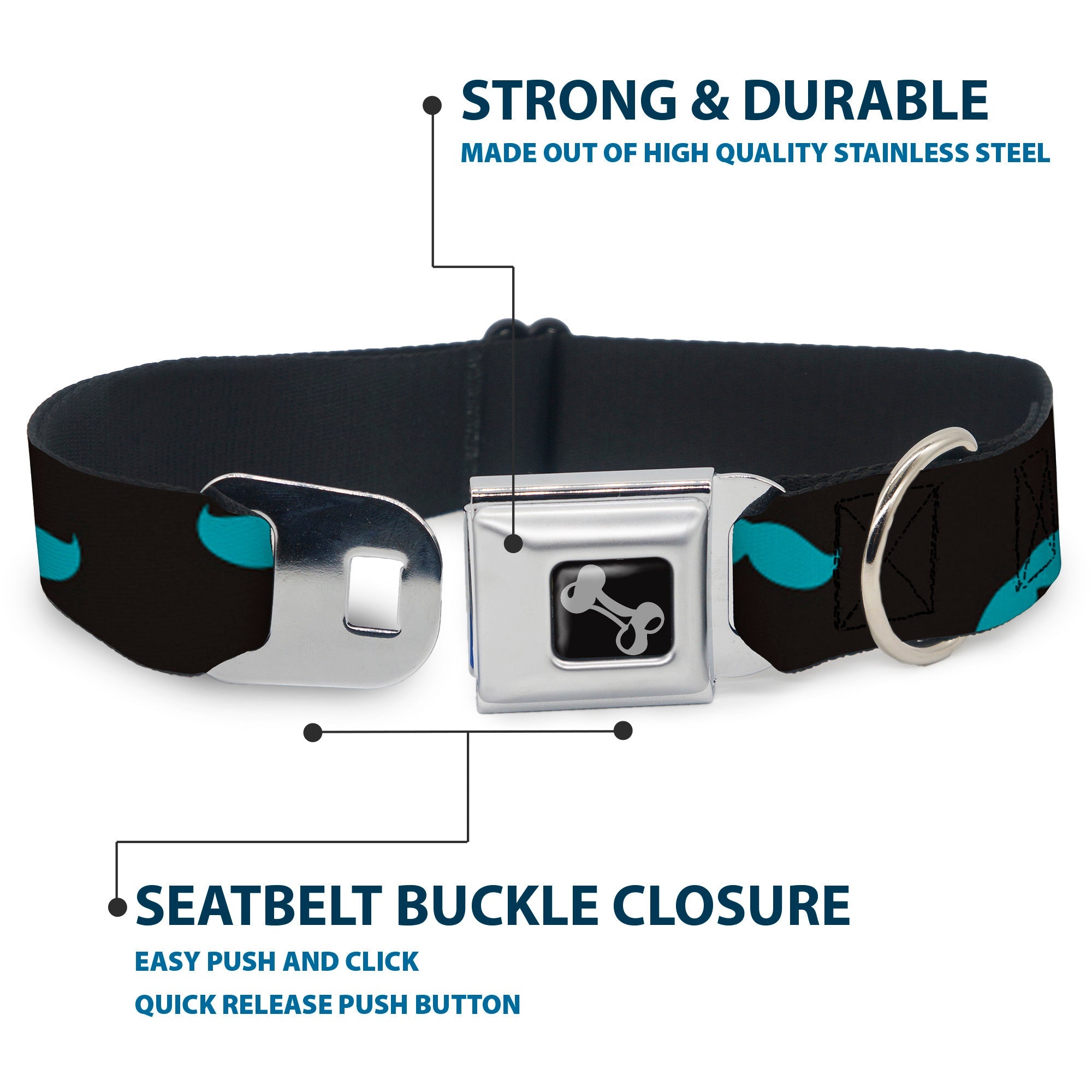 Dog Bone Seatbelt Buckle Collar - Mustaches Scattered Black/Turquoise