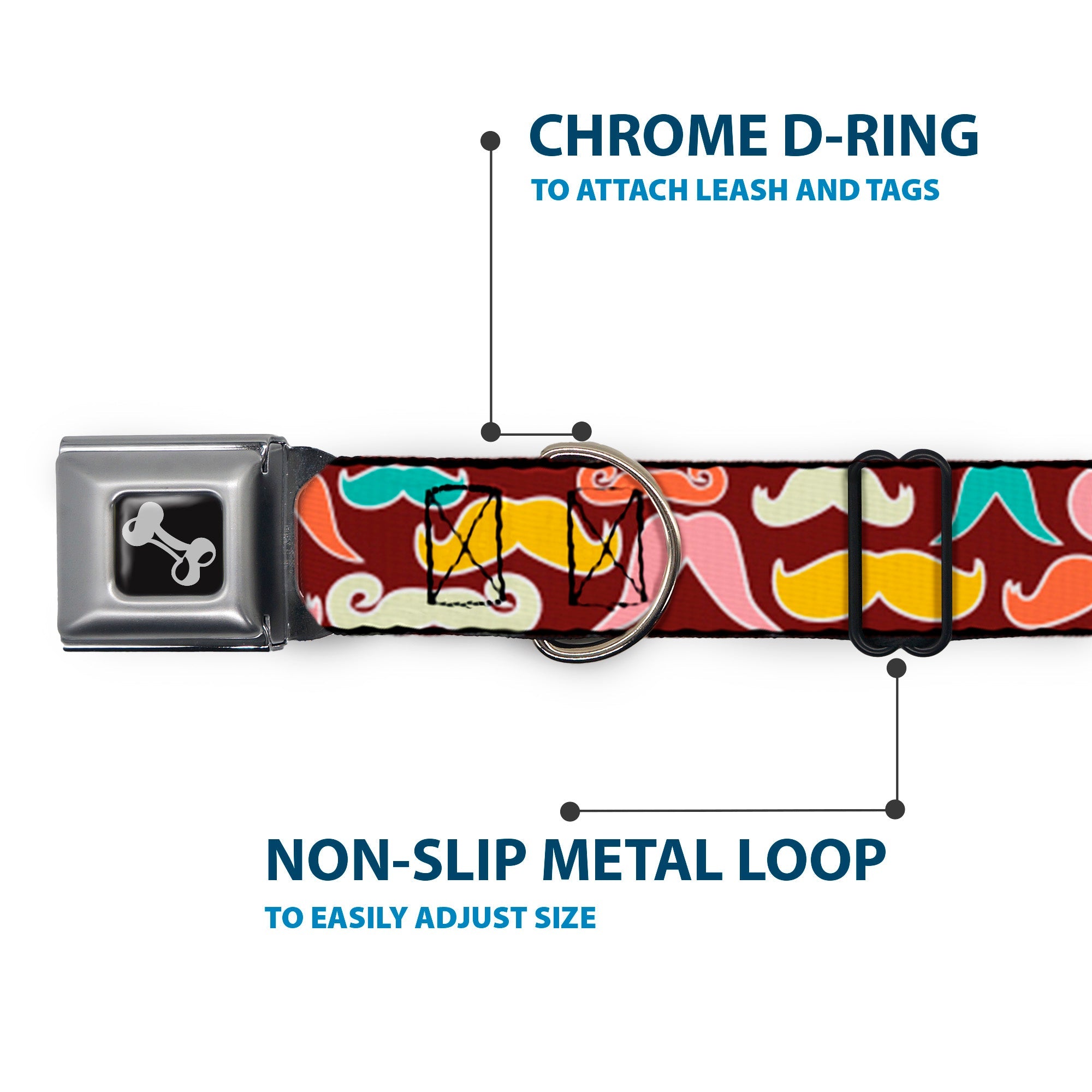 Dog Bone Seatbelt Buckle Collar - Mustaches Brown/Multi Pastel