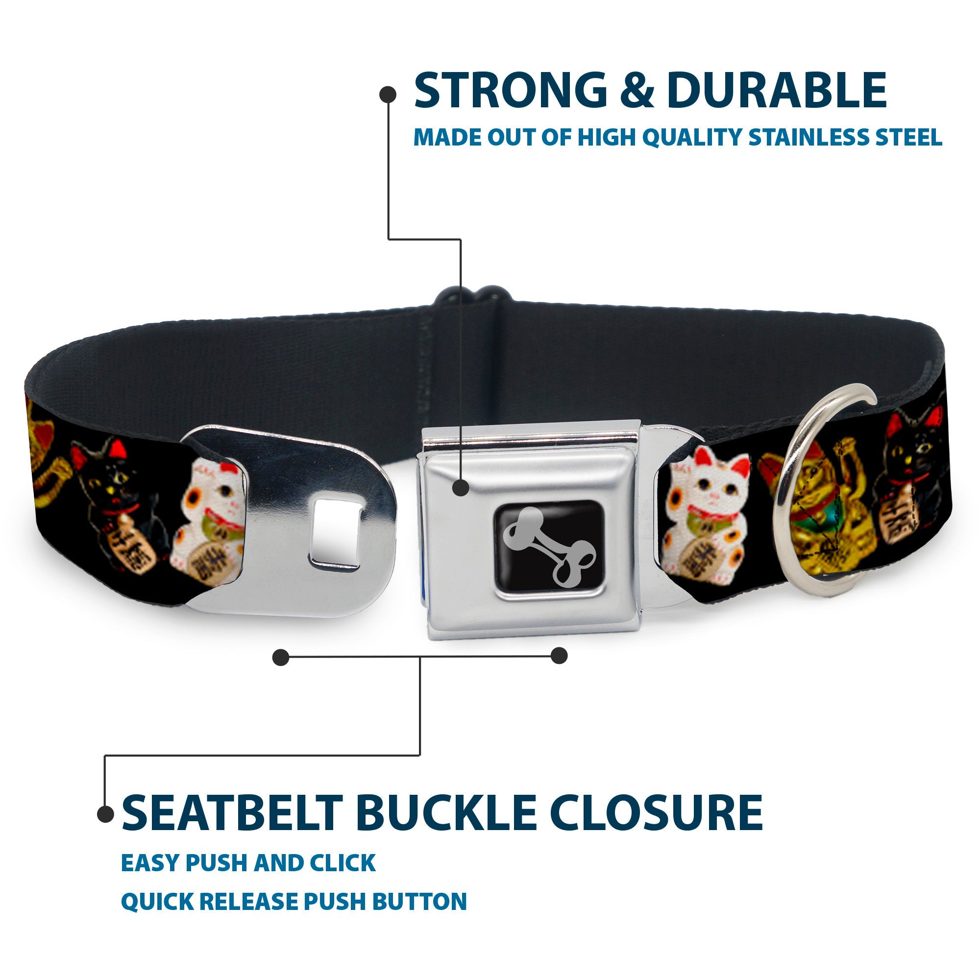 Dog Bone Seatbelt Buckle Collar - Maneki Neko Lucky Cats Gold/Black/White