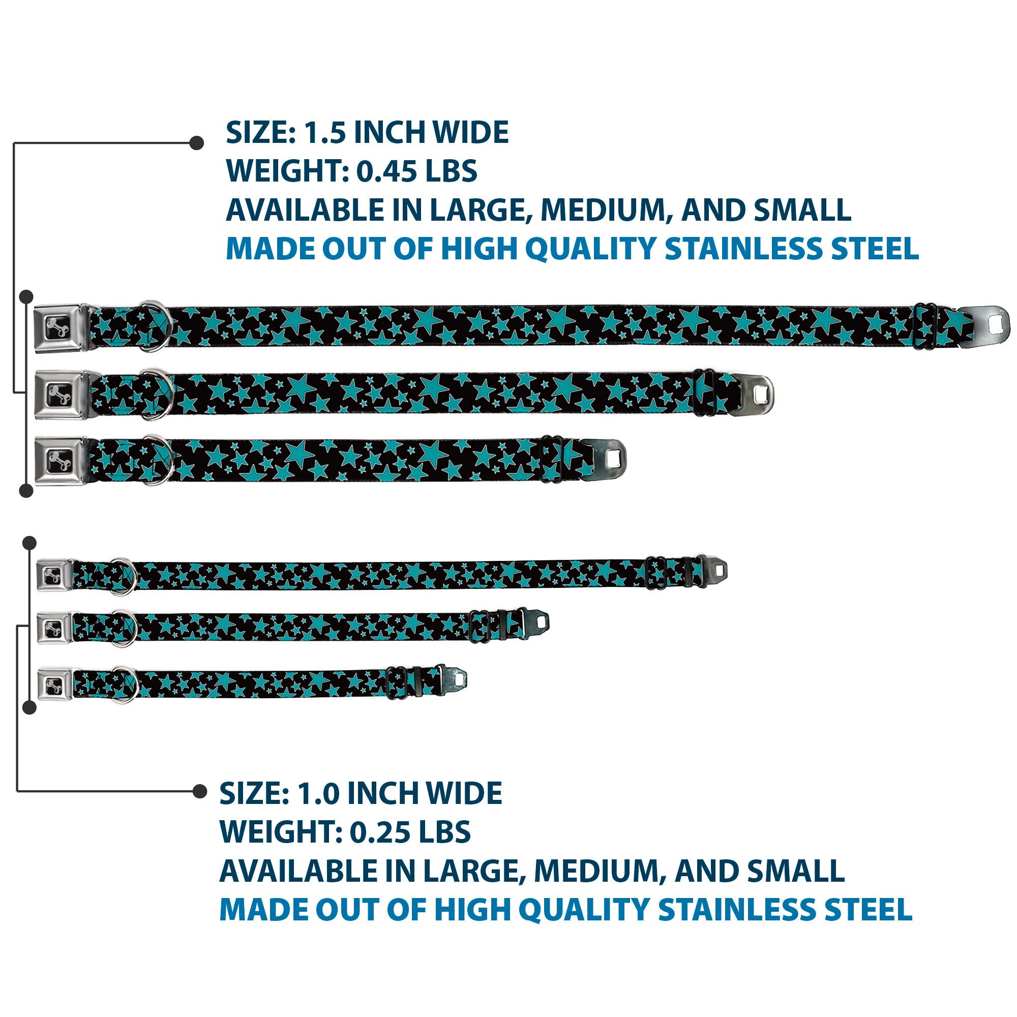 Dog Bone Seatbelt Buckle Collar - Multi Stars Black/Turquoise