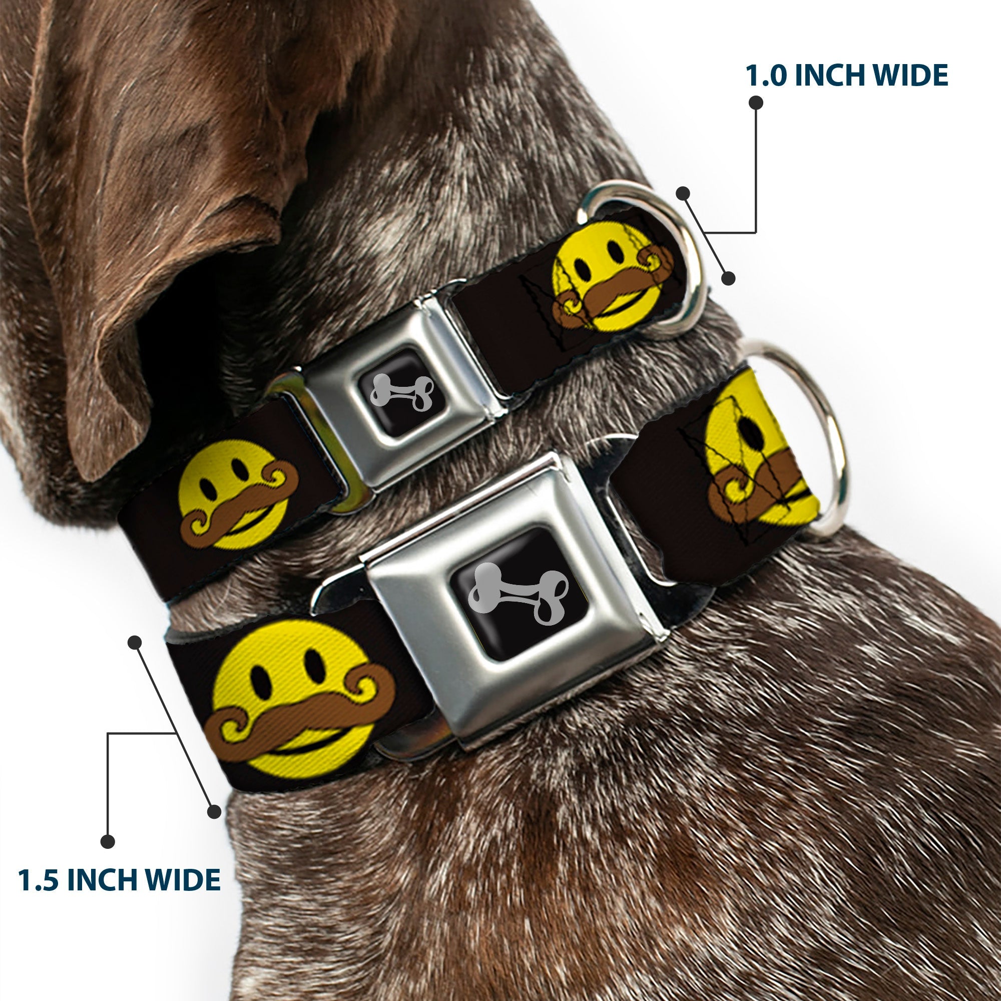 Dog Bone Seatbelt Buckle Collar - Mustache Happy Face Black/Yellow/Brown