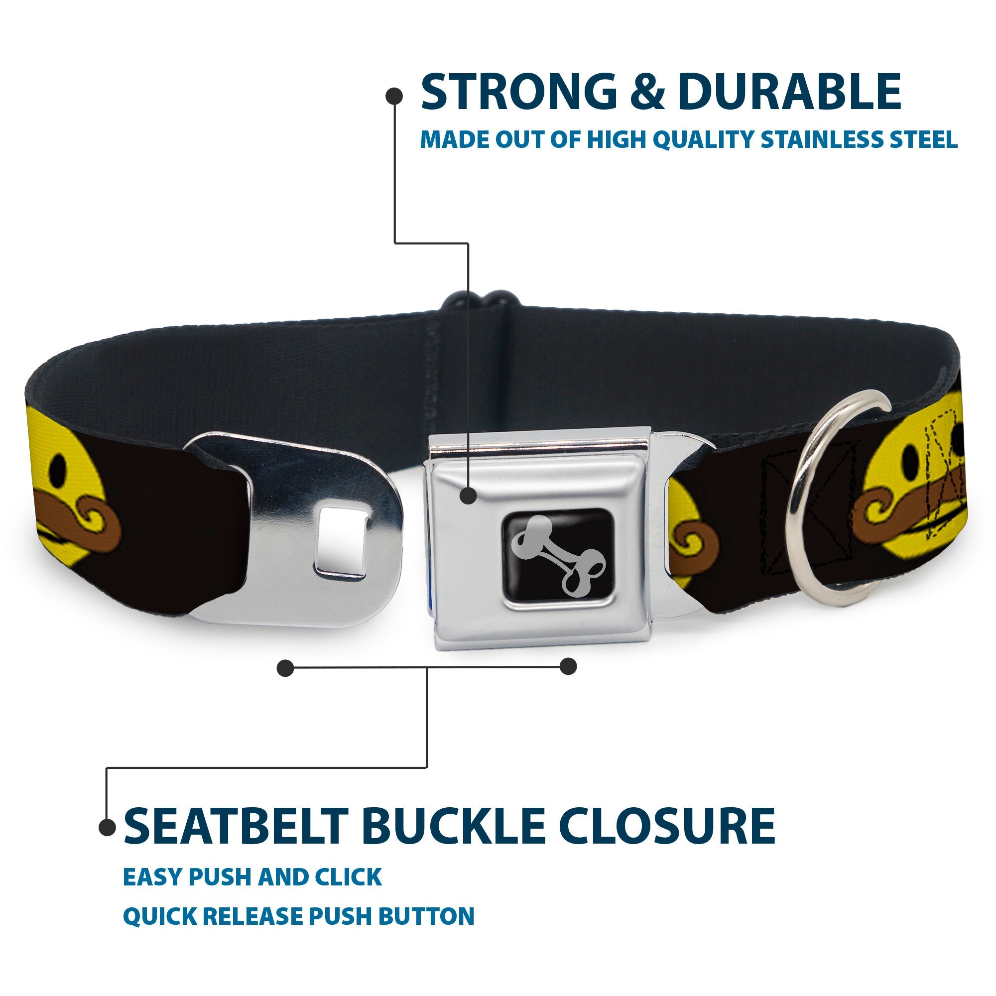 Dog Bone Seatbelt Buckle Collar - Mustache Happy Face Black/Yellow/Brown