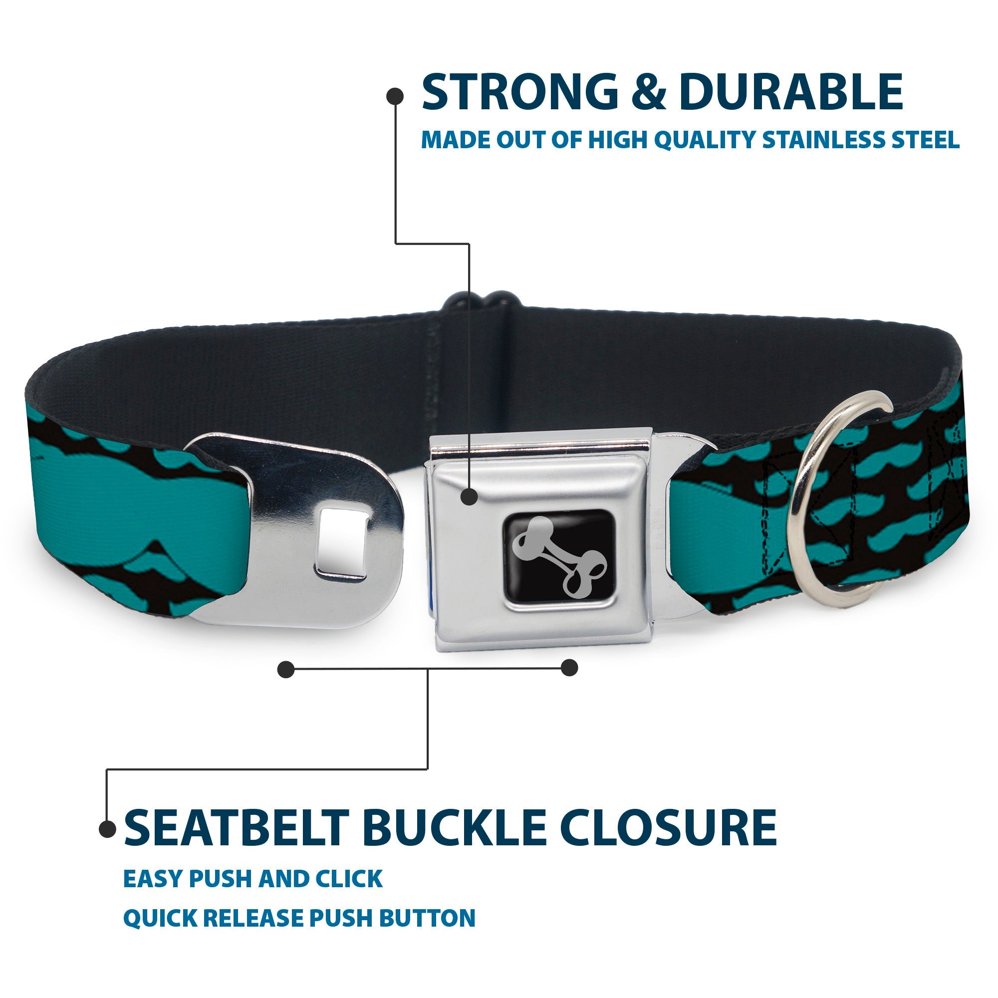 Dog Bone Seatbelt Buckle Collar - Mustaches Mini/Single Repeat Black/Turquoise