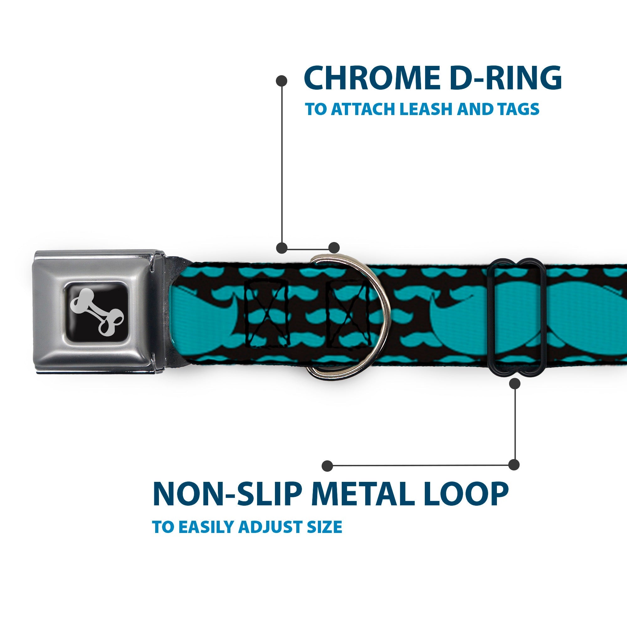 Dog Bone Seatbelt Buckle Collar - Mustaches Mini/Single Repeat Black/Turquoise