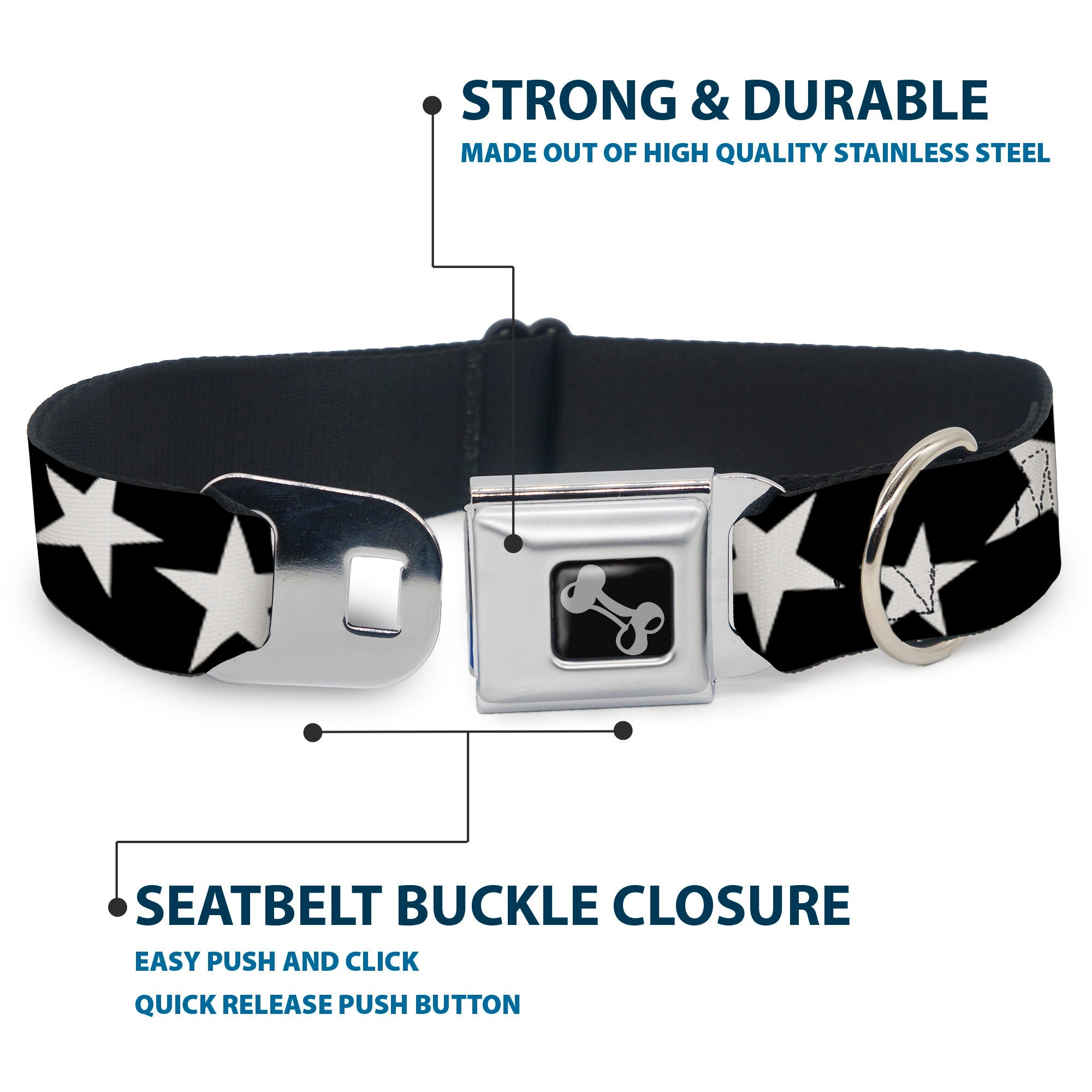 Dog Bone Seatbelt Buckle Collar - Multi Stars Black/White/Black/White Outline