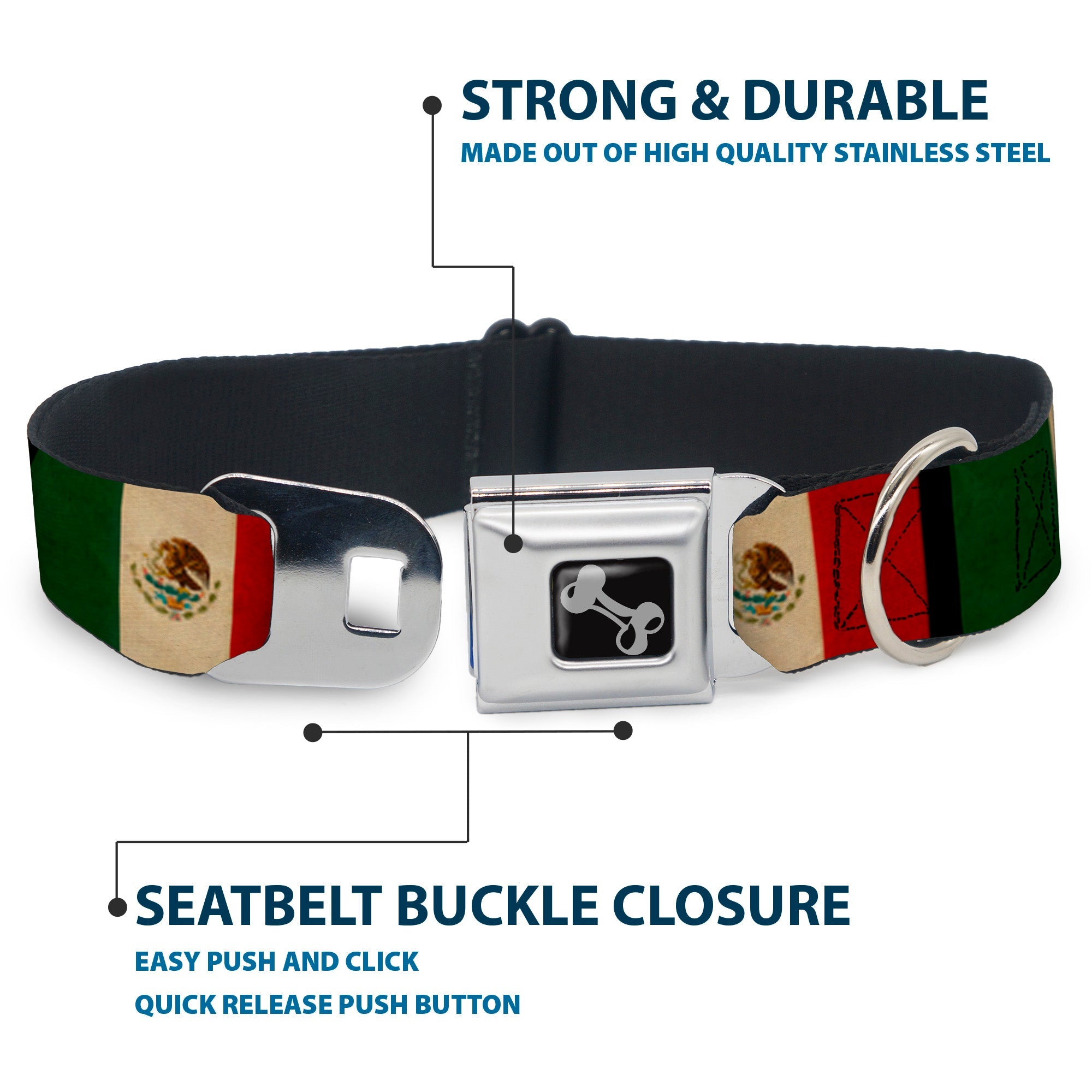Dog Bone Seatbelt Buckle Collar - Mexico Flag Distressed