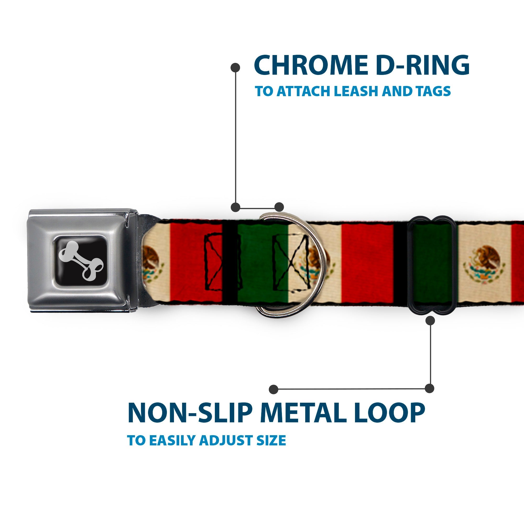 Dog Bone Seatbelt Buckle Collar - Mexico Flag Distressed