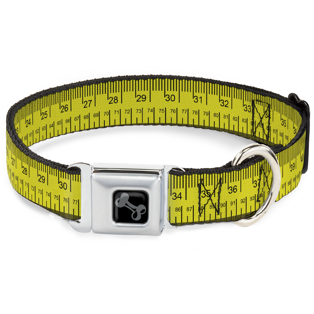 Dog Bone Black/Silver Seatbelt Buckle Collar - Measuring Tape Inches + Centimeters
