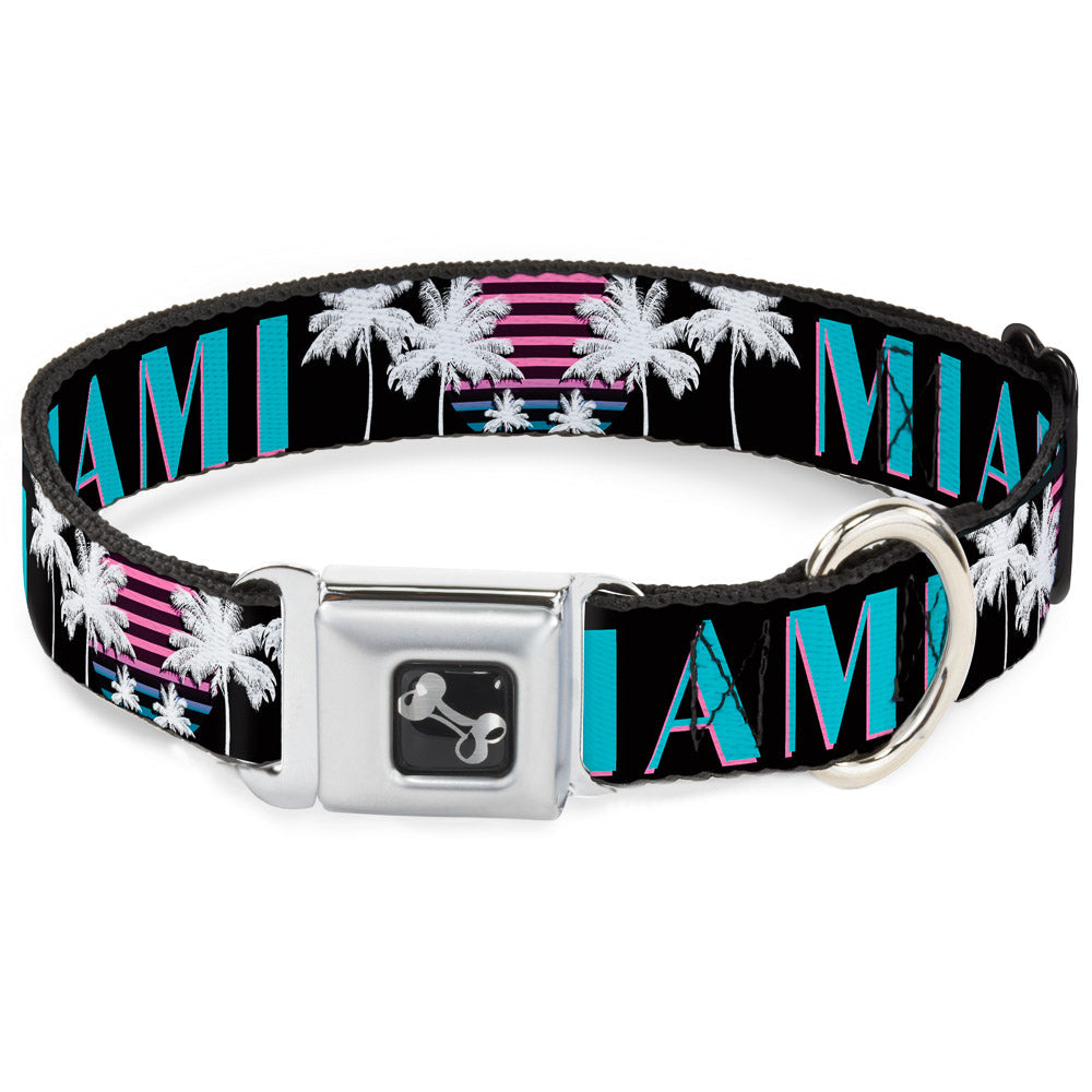 Dog Bone Seatbelt Buckle Collar - MIAMI/Palm Trees Black/White/Pink//Teal