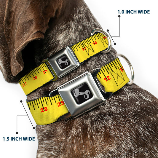 Dog Bone Black/Silver Seatbelt Buckle Collar - Measuring Tape Yellow/Black/Red