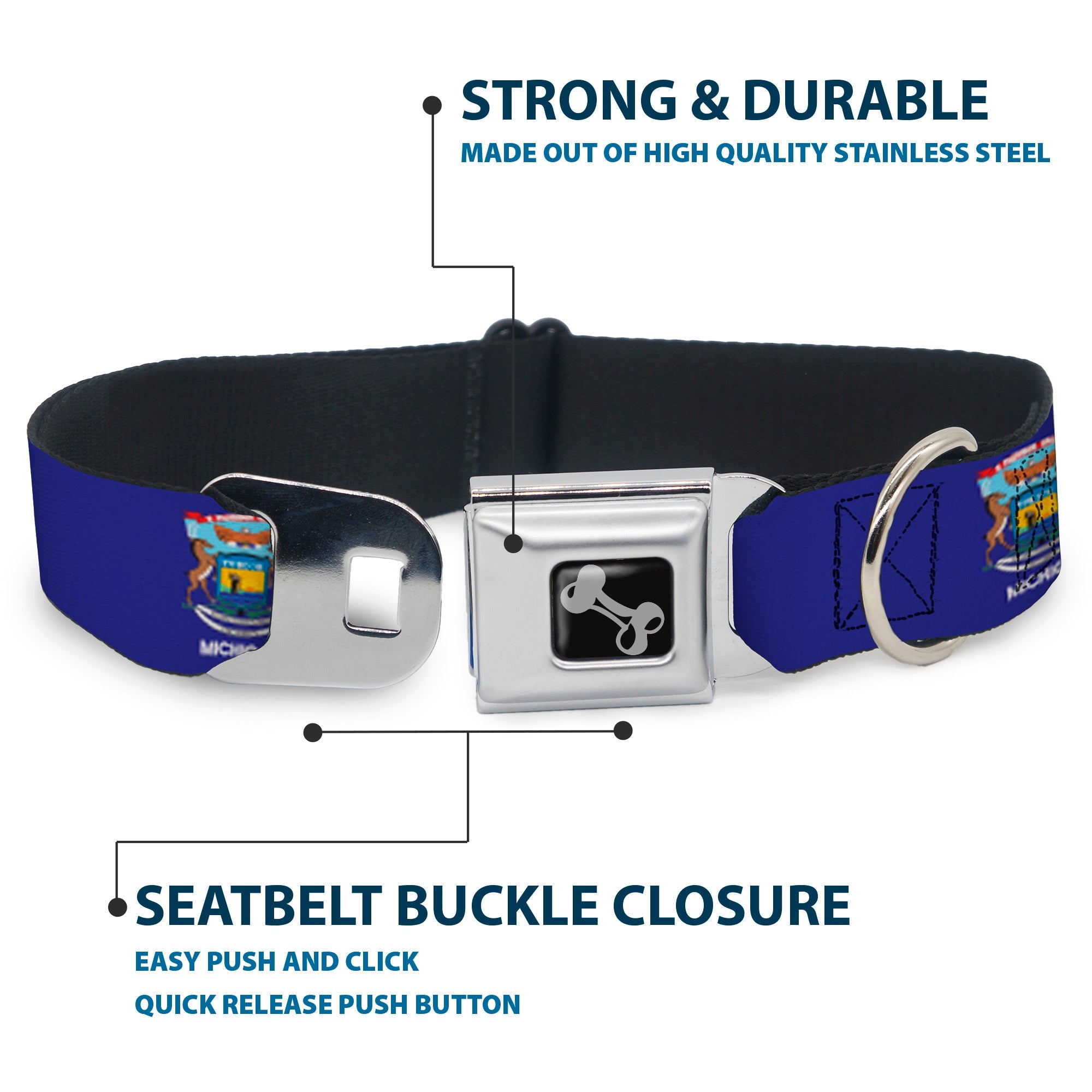 Dog Bone Black/Silver Seatbelt Buckle Collar - Michigan Flag Continuous