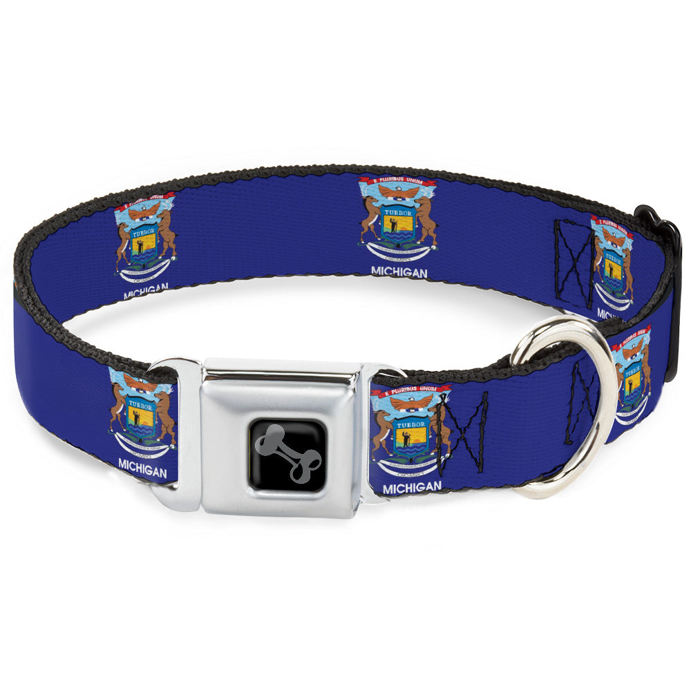 Dog Bone Black/Silver Seatbelt Buckle Collar - Michigan Flag Continuous