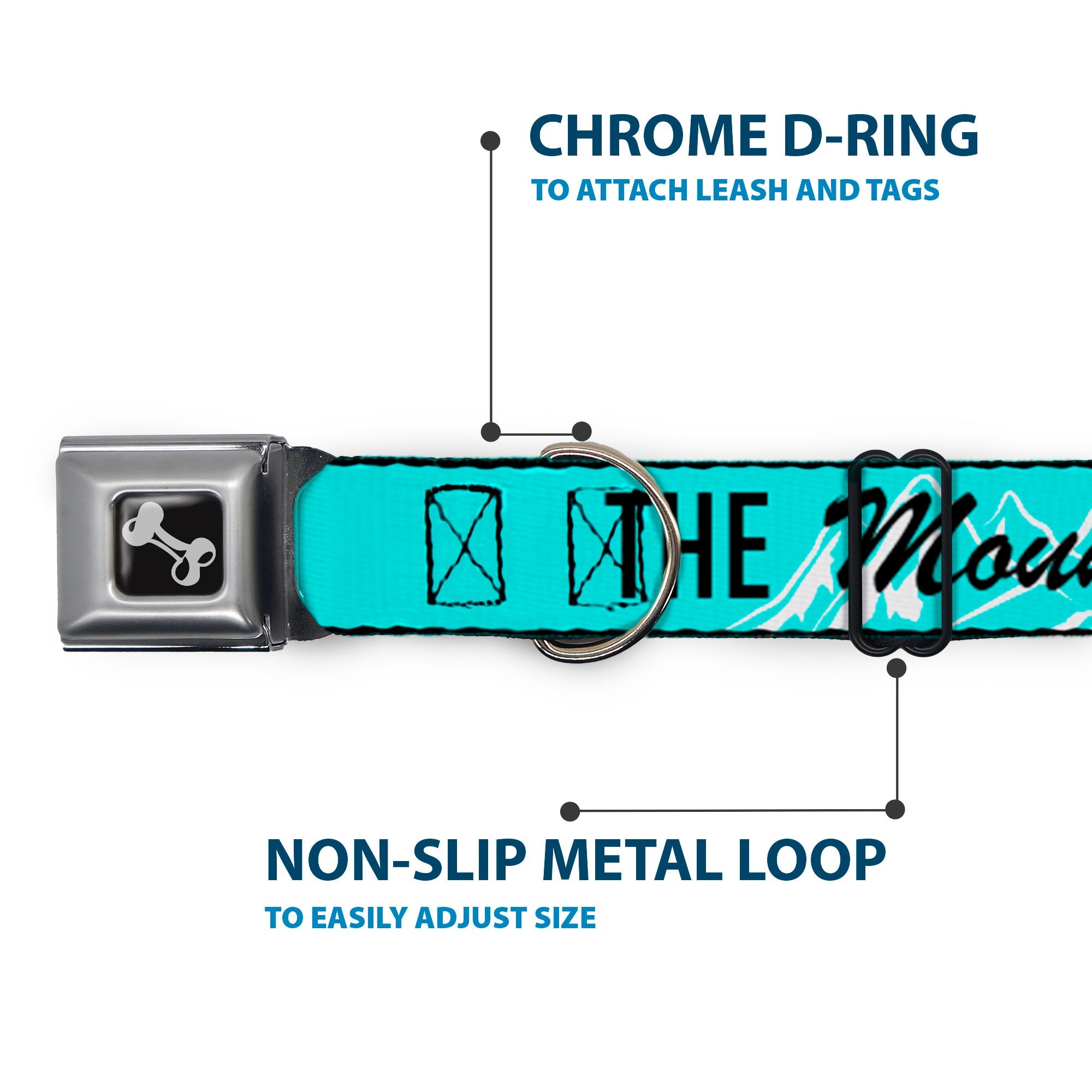 Dog Bone Black/Silver Seatbelt Buckle Collar - THE MOUNTAINS ARE CALLING AND I MUST GO/Mountains Outline2 Teal/White/Black