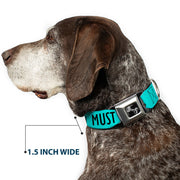 Dog Bone Black/Silver Seatbelt Buckle Collar - THE MOUNTAINS ARE CALLING AND I MUST GO/Mountains Outline2 Teal/White/Black