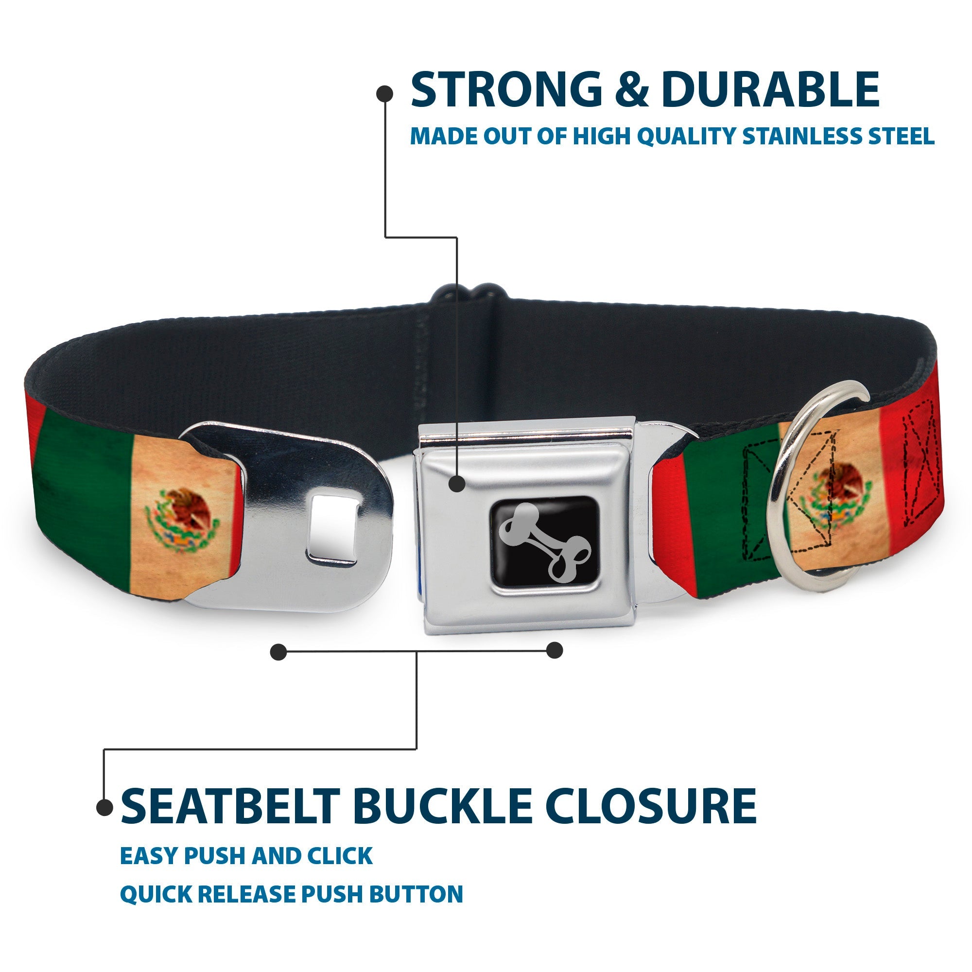 Dog Bone Black/Silver Seatbelt Buckle Collar - Mexico Flag Continuous Vintage