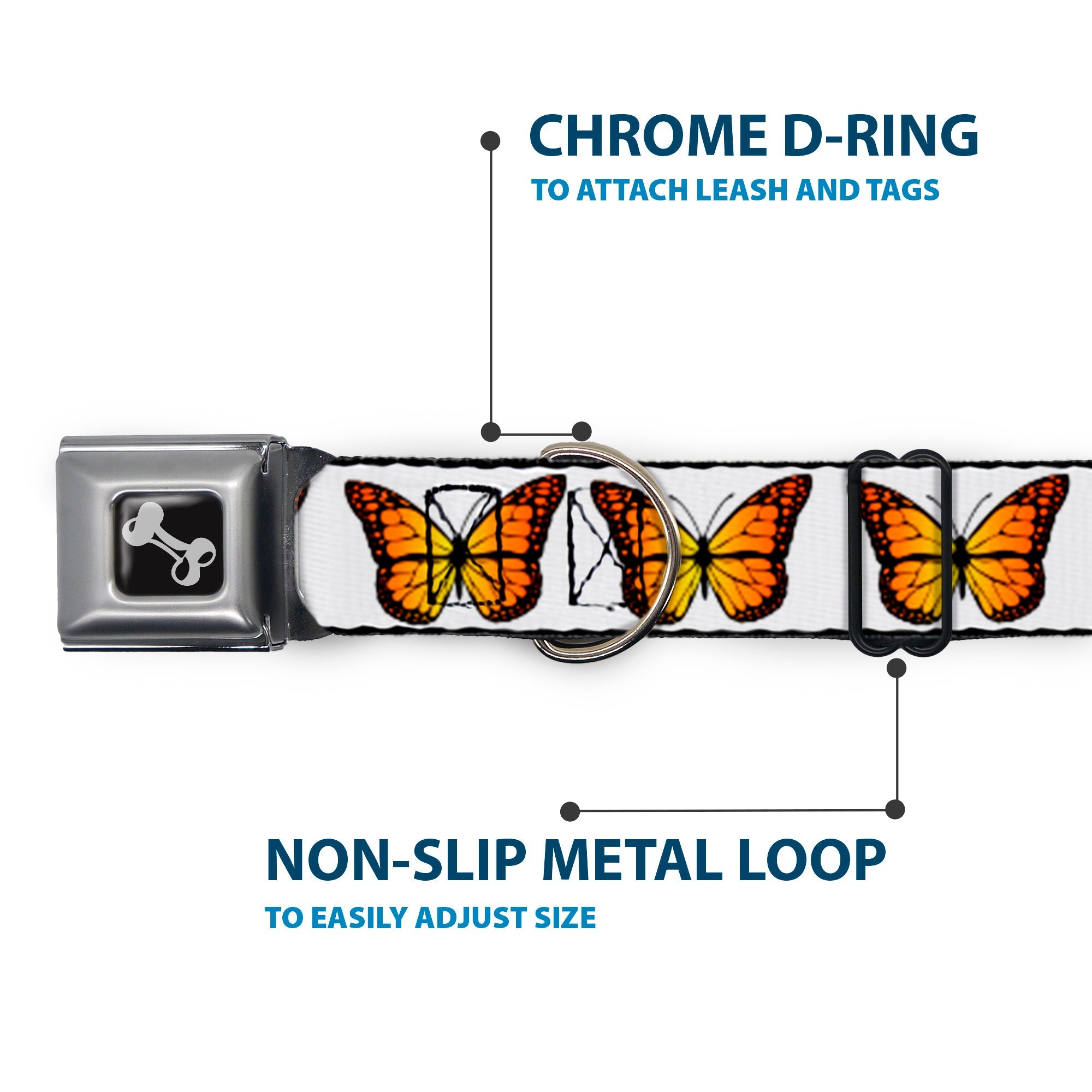 Dog Bone Black/Silver Seatbelt Buckle Collar - Monarch Butterfly Repeat White