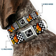 Dog Bone Black/Silver Seatbelt Buckle Collar - Monarch Butterfly Scattered Checker Black/White