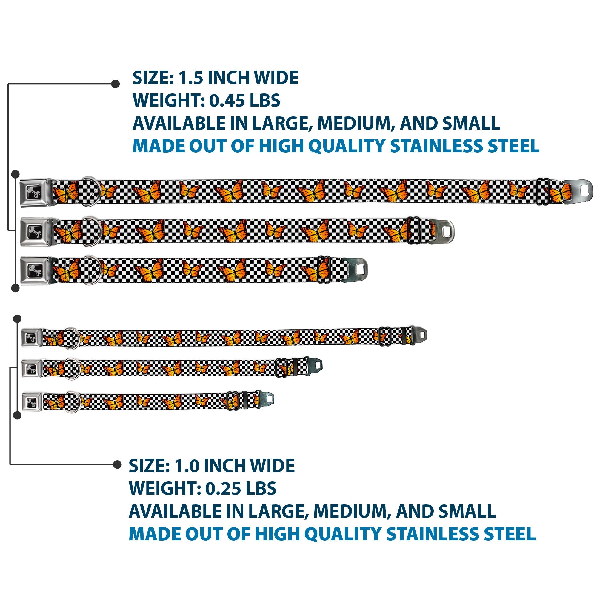 Dog Bone Black/Silver Seatbelt Buckle Collar - Monarch Butterfly Scattered Checker Black/White