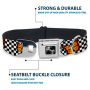 Dog Bone Black/Silver Seatbelt Buckle Collar - Monarch Butterfly Scattered Checker Black/White