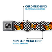 Dog Bone Black/Silver Seatbelt Buckle Collar - Monarch Butterfly Scattered Checker Black/White