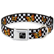 Dog Bone Black/Silver Seatbelt Buckle Collar - Monarch Butterfly Scattered Checker Black/White