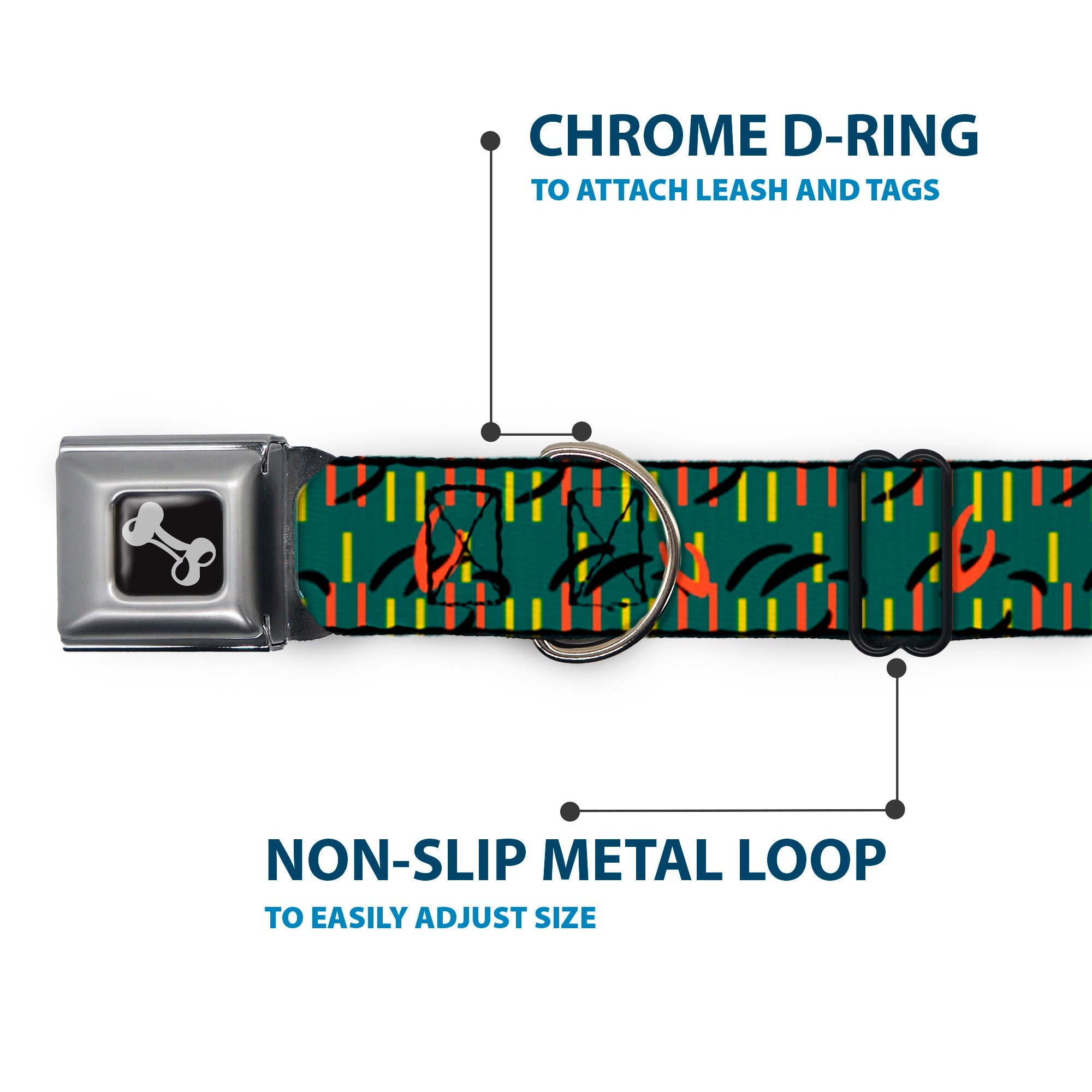 Dog Bone Black/Silver Seatbelt Buckle Collar - MCO Orlando International Airport Carpet Teal/Orange/Yellow/Black