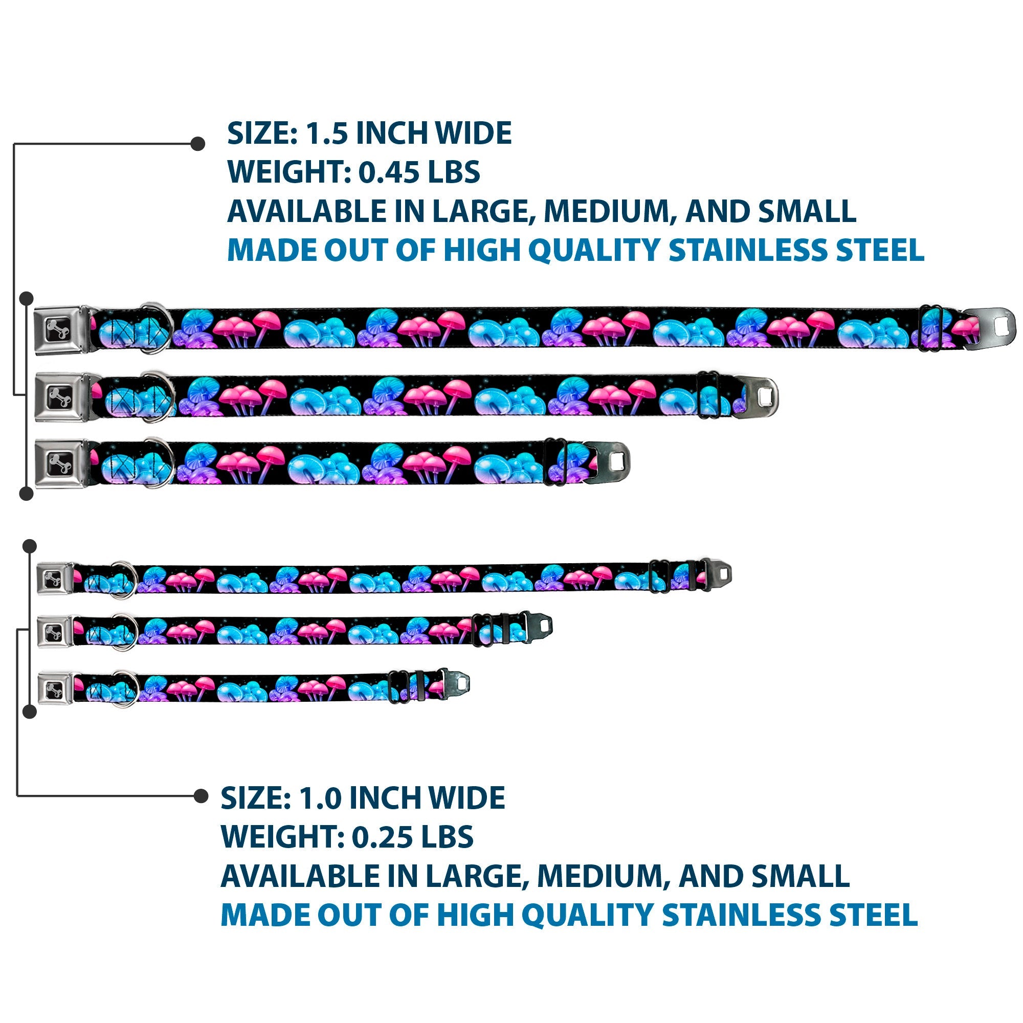 Dog Bone Black/Silver Seatbelt Buckle Collar - Mushroom Glow Black/Multi Color